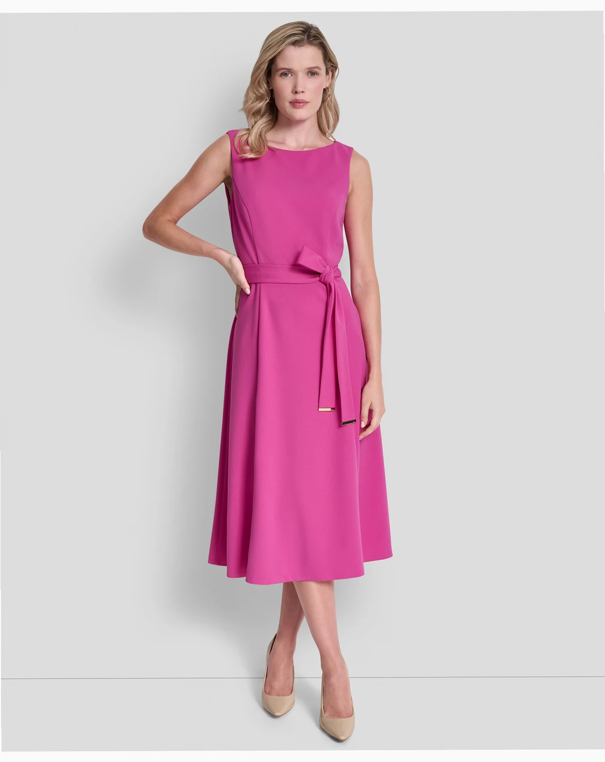 Women's Sleeveless Boat Neck Scuba Crepe Midi Dress