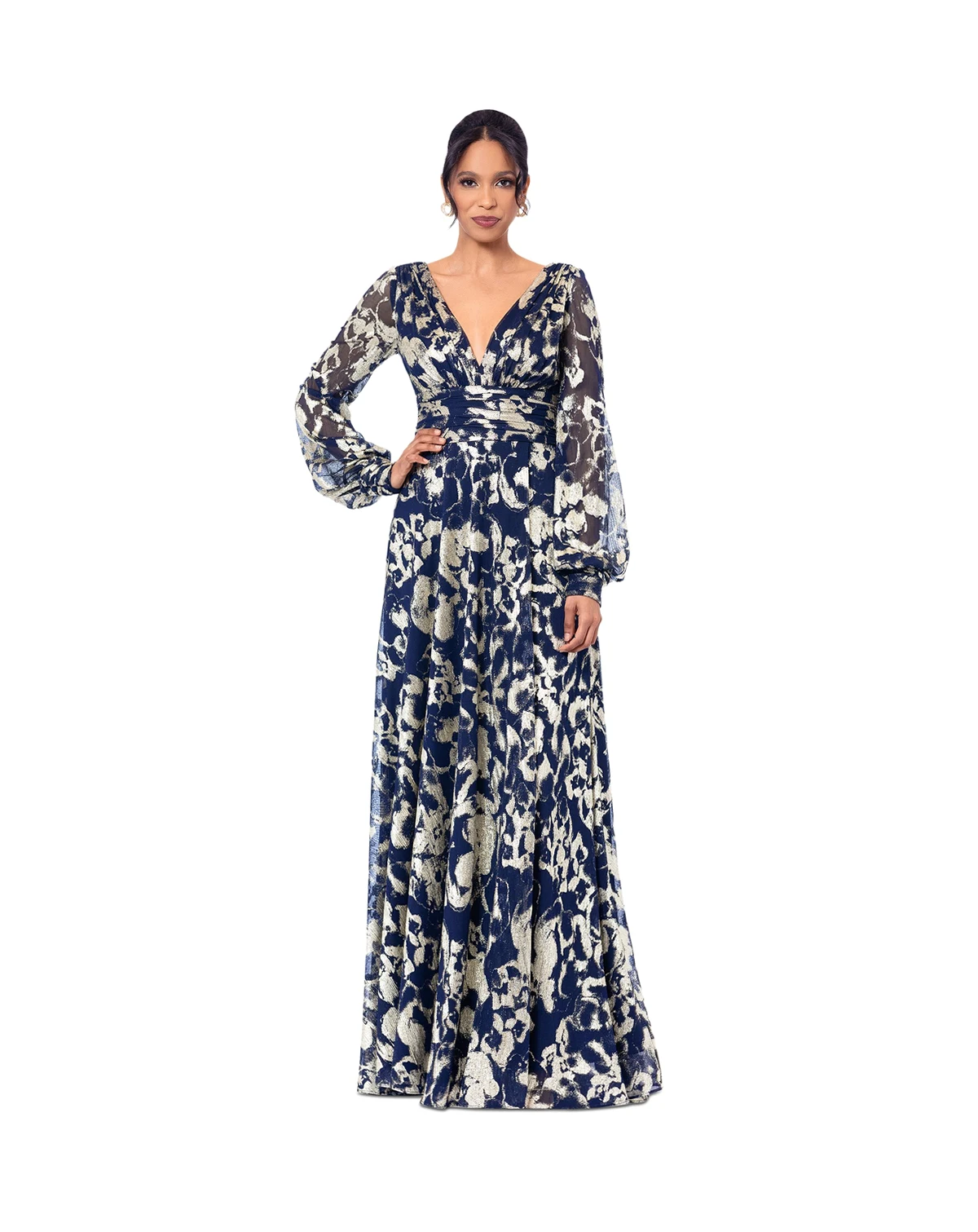 Women's Printed Blouson-Sleeve Maxi Dress