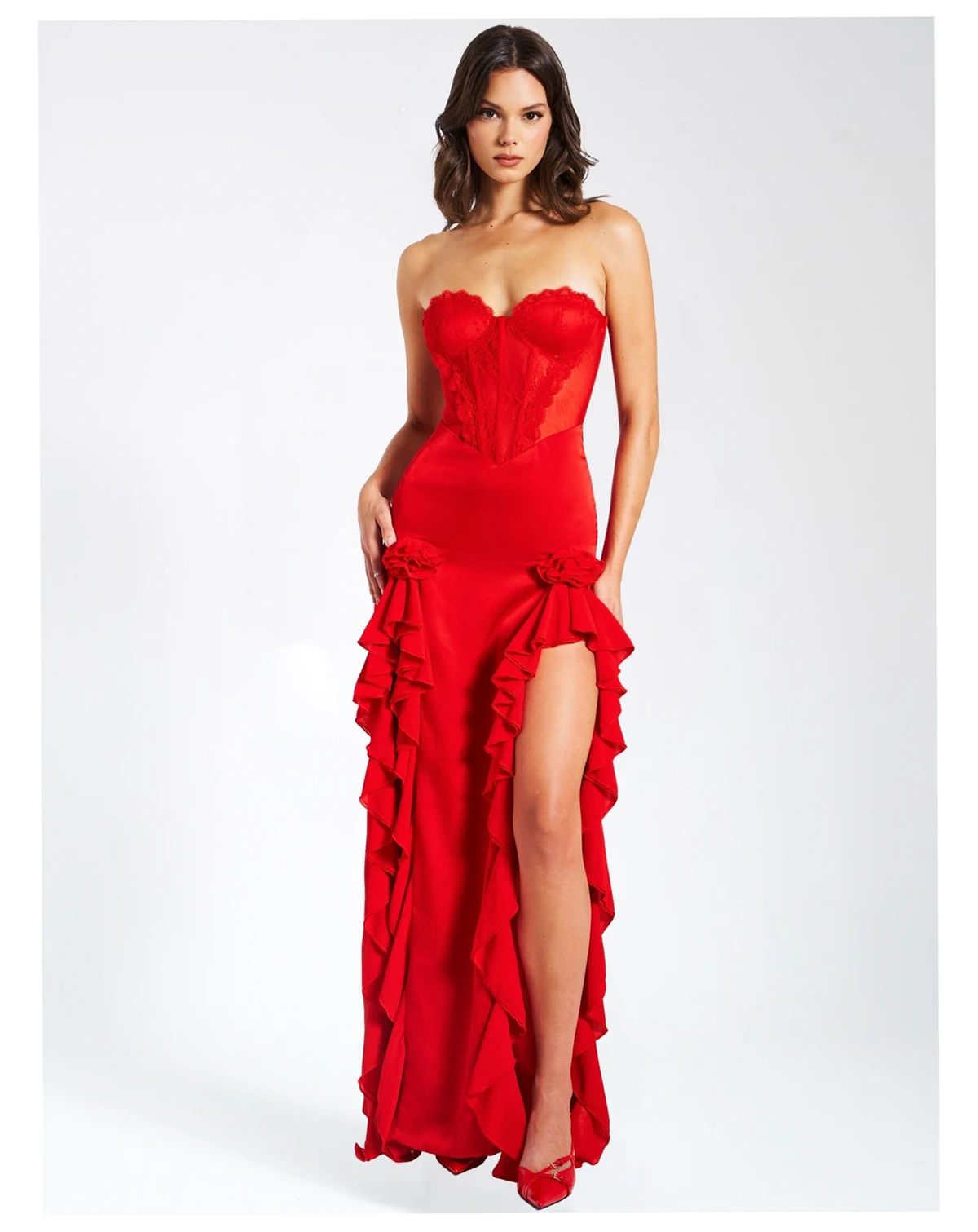 Women's Talia Red Satin Lace Corset Maxi Dress