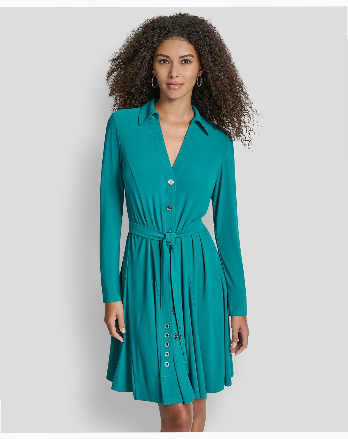 Women's Long Sleeve Collared Neck Godet Fit and Flare Dress