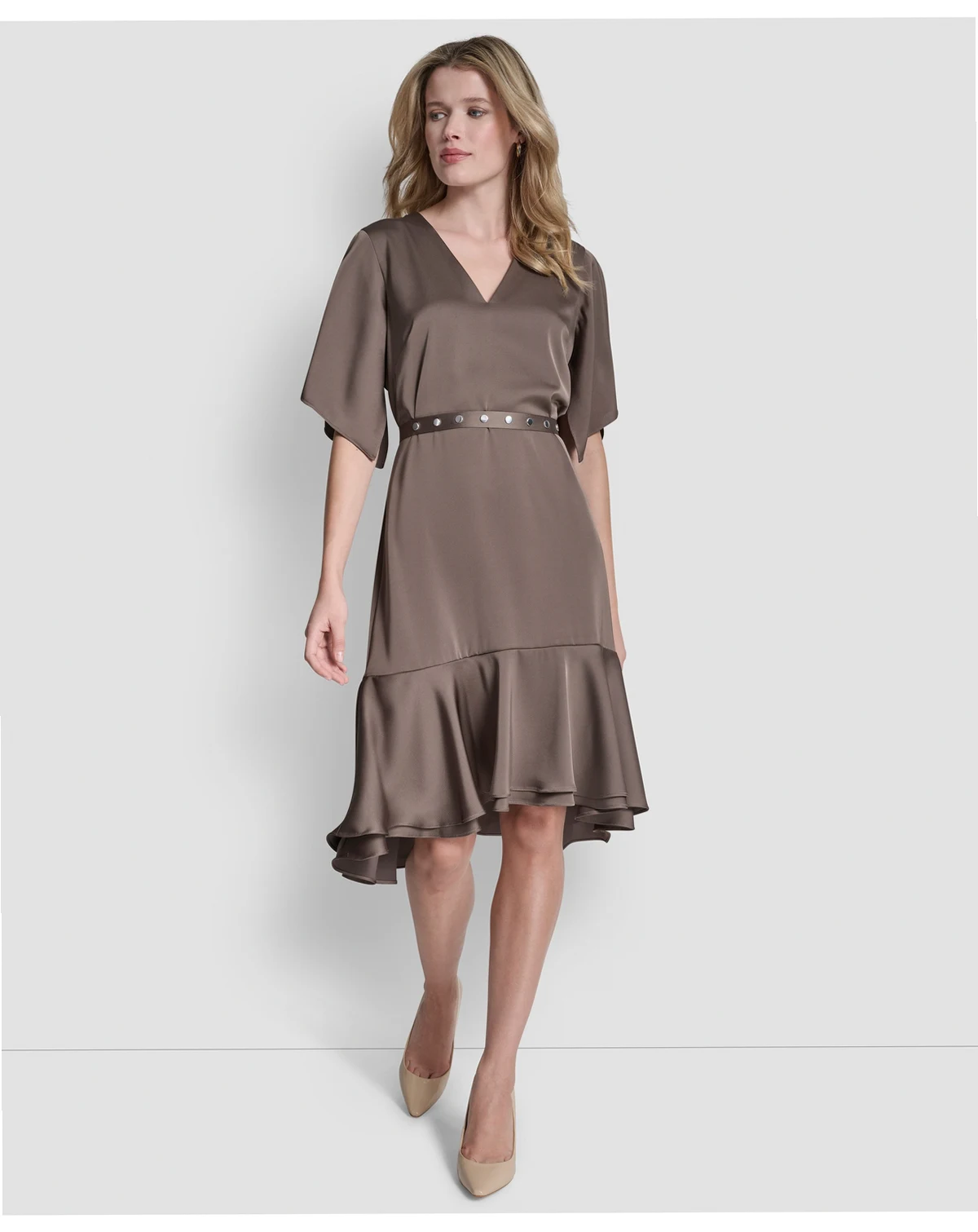 Women's Flutter Sleeve V-Neck High Low Midi Dress