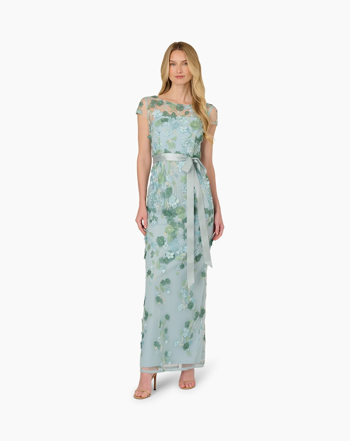 Women's Cascading Floral Column Short-Sleeve Gown