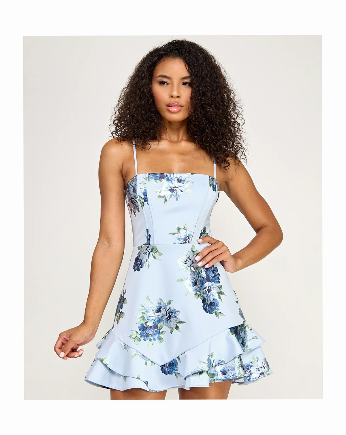 Juniors' Spaghetti Straps Tie Back Ruffle Hem Mini Dress