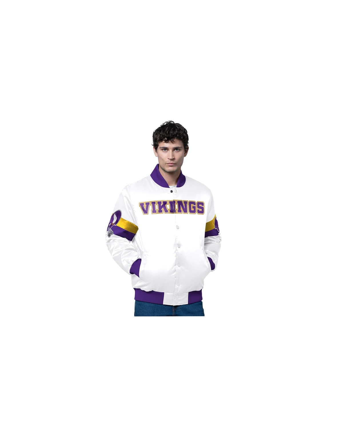 Men's White Minnesota Vikings Triple Option Satin Varsity Full-Snap Jacket