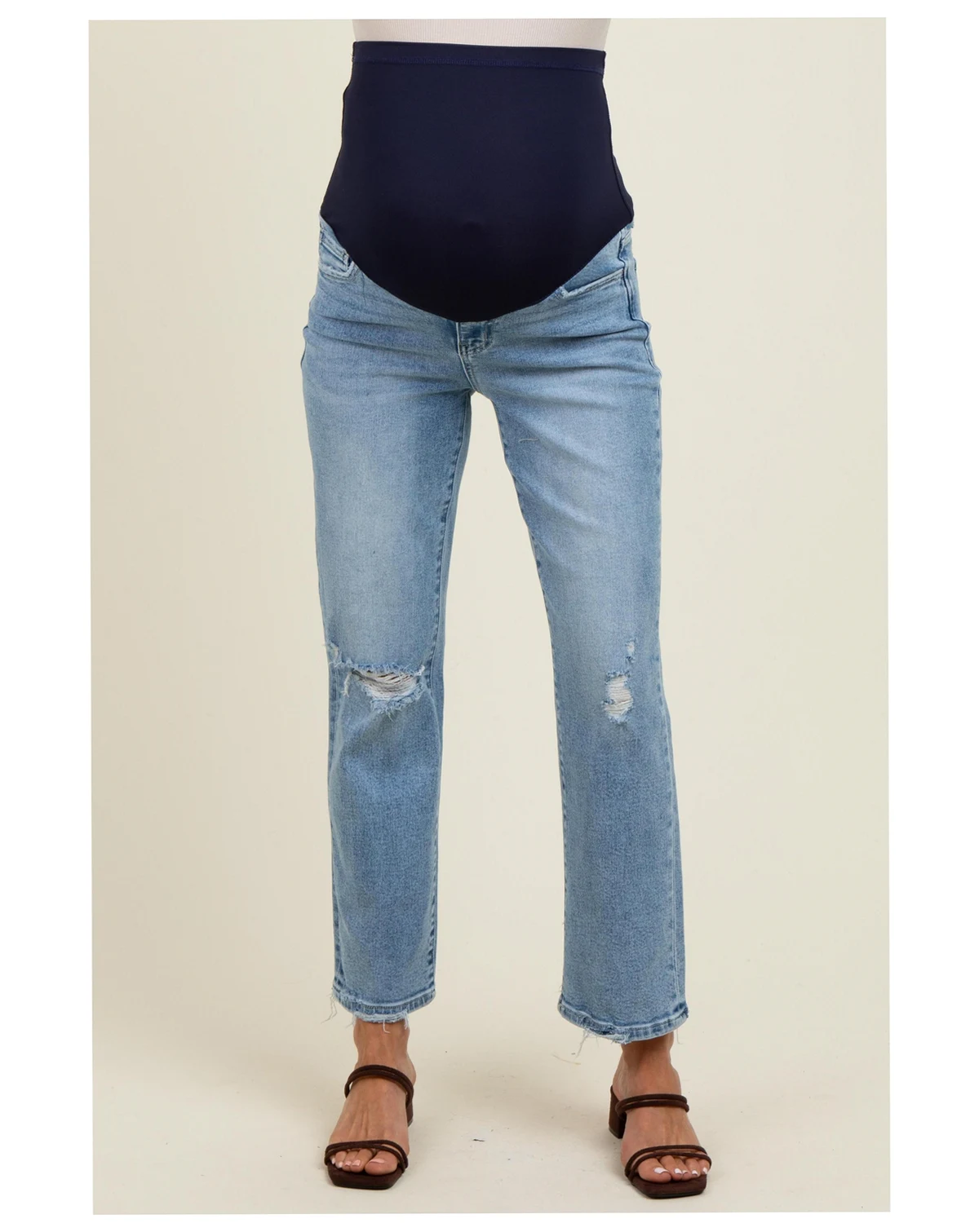 Light Blue Distressed Open Knee Ankle Straight Leg Maternity Jeans