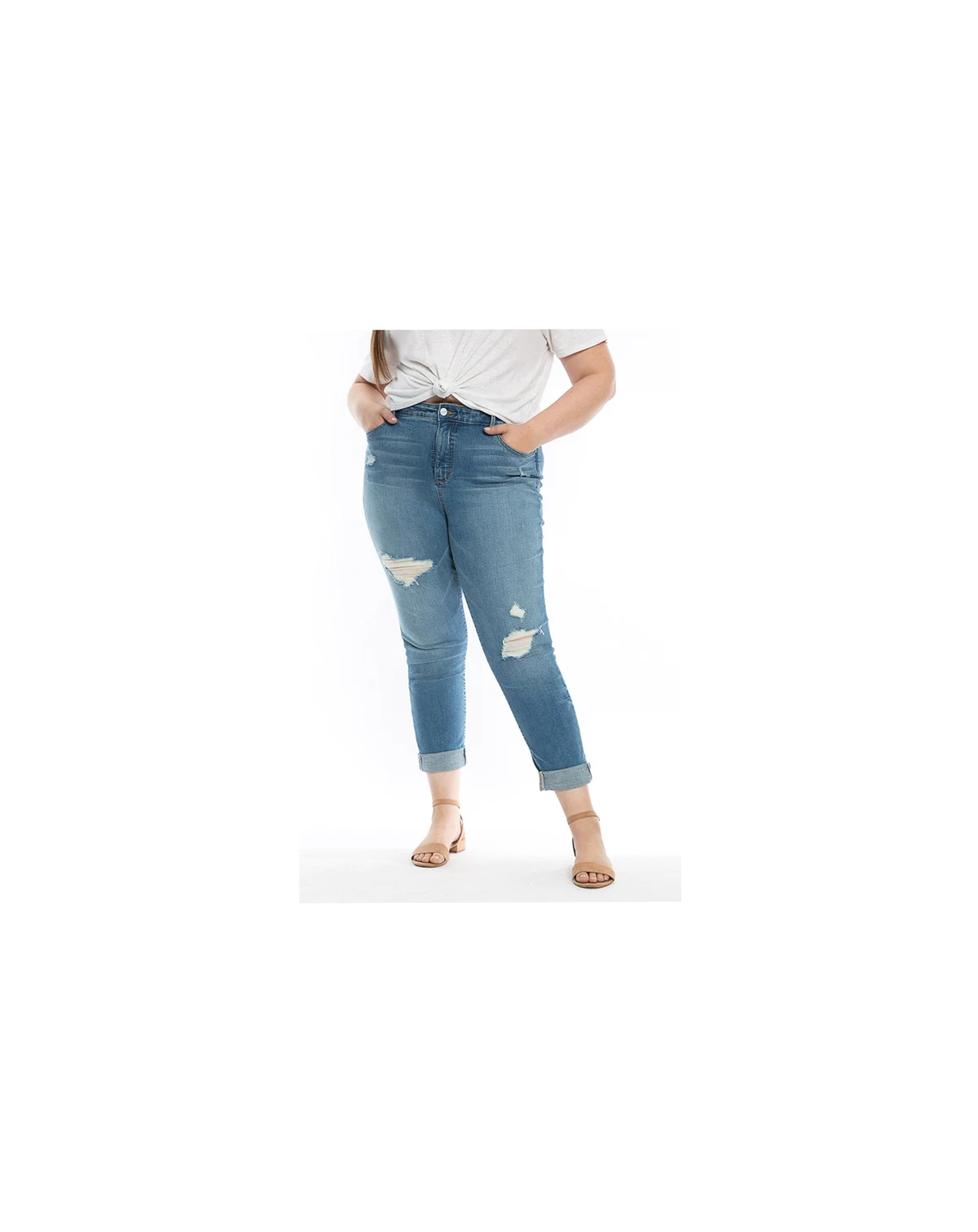 Plus Size Denim High Rise Boyfriend with destruction rolled in 28" inseam- Myla