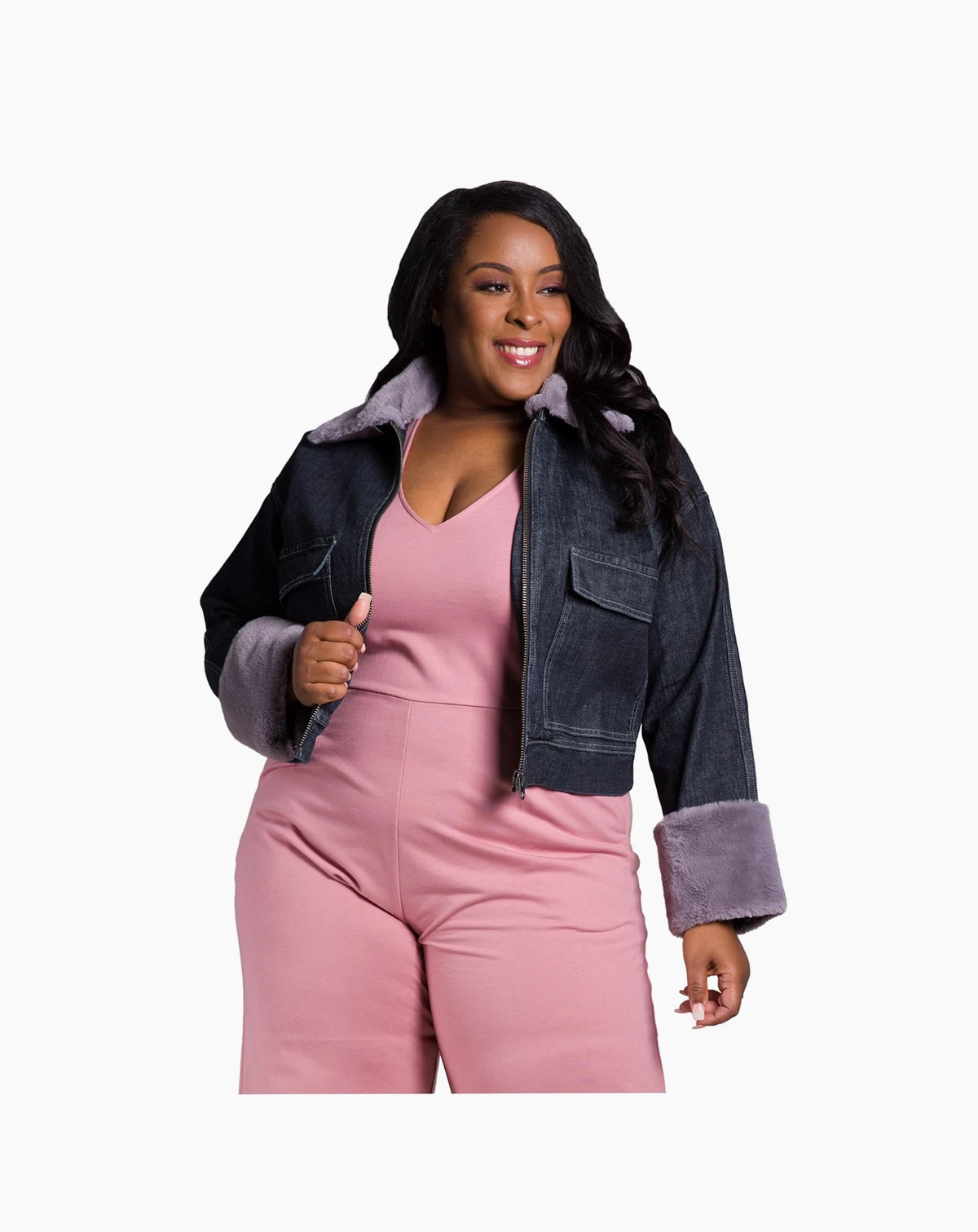 Women's Plus Size Curvy Fit Zip Up Faux Fur Trim Trucker Jacket