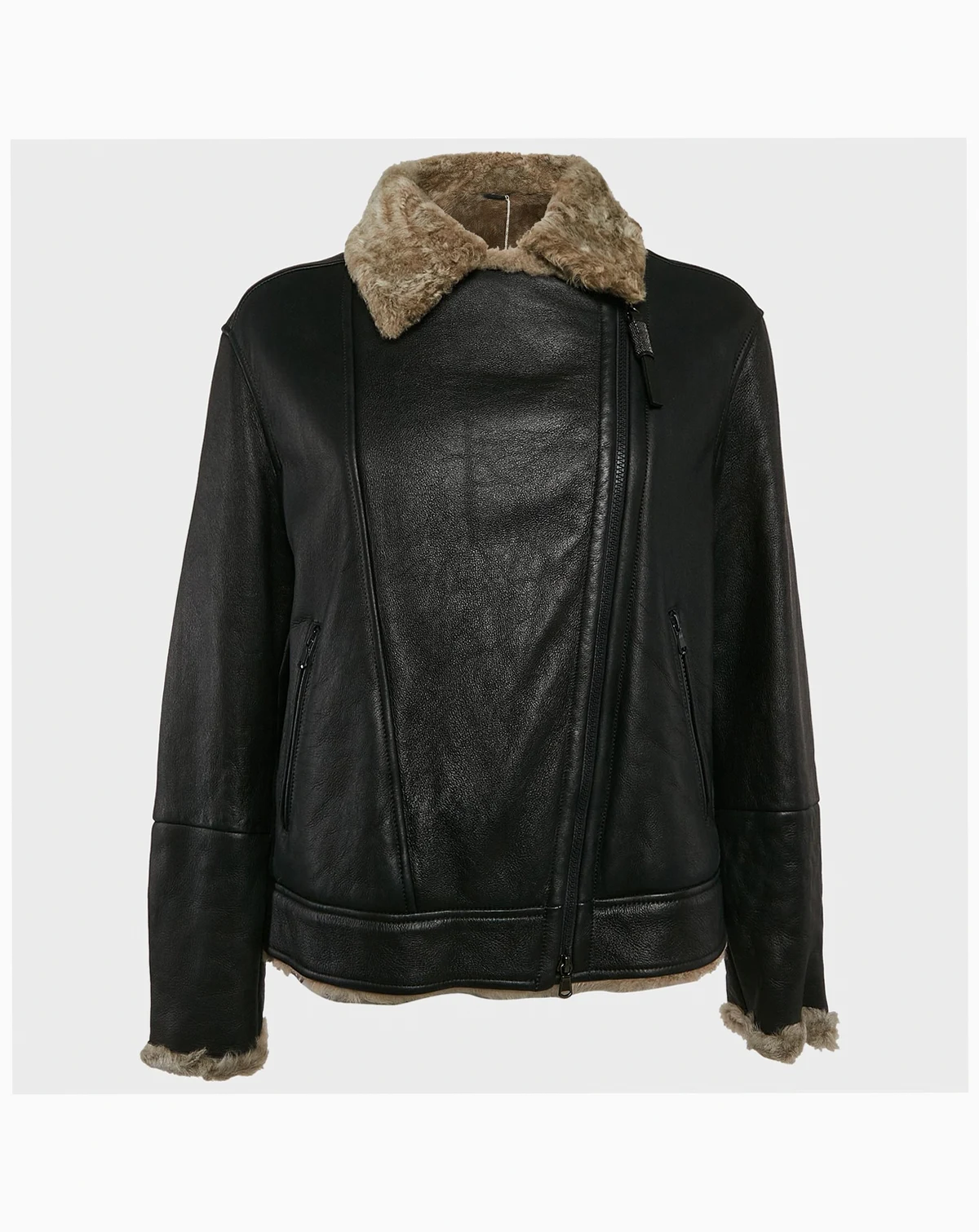 Women's Black Leather Shearling Trimmed Zip-Up Jacket