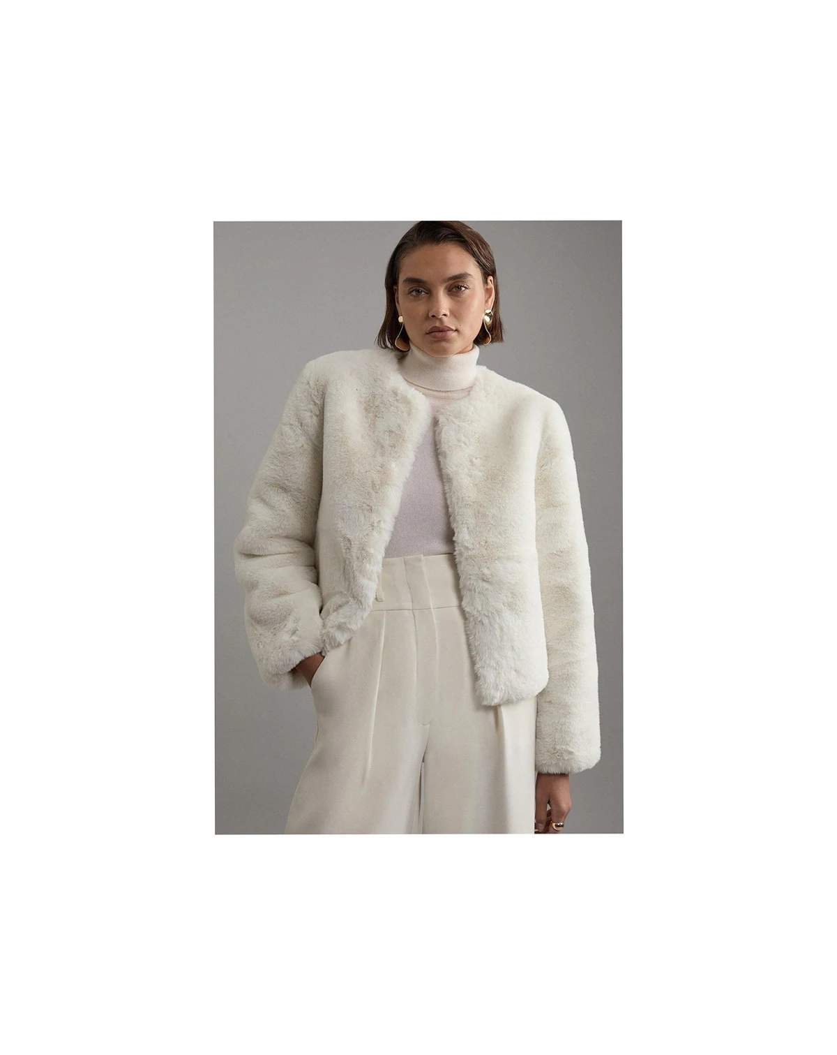 Women's Collarless Faux Fur Jacket