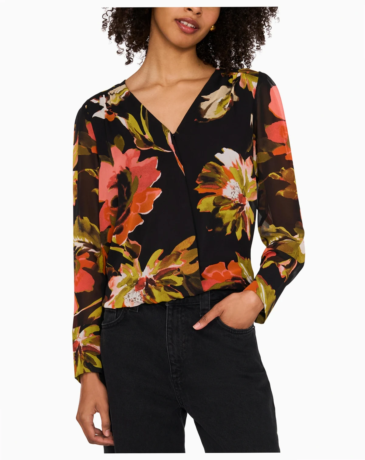Women's Split-Neck Wrapped Long-Sleeve Top