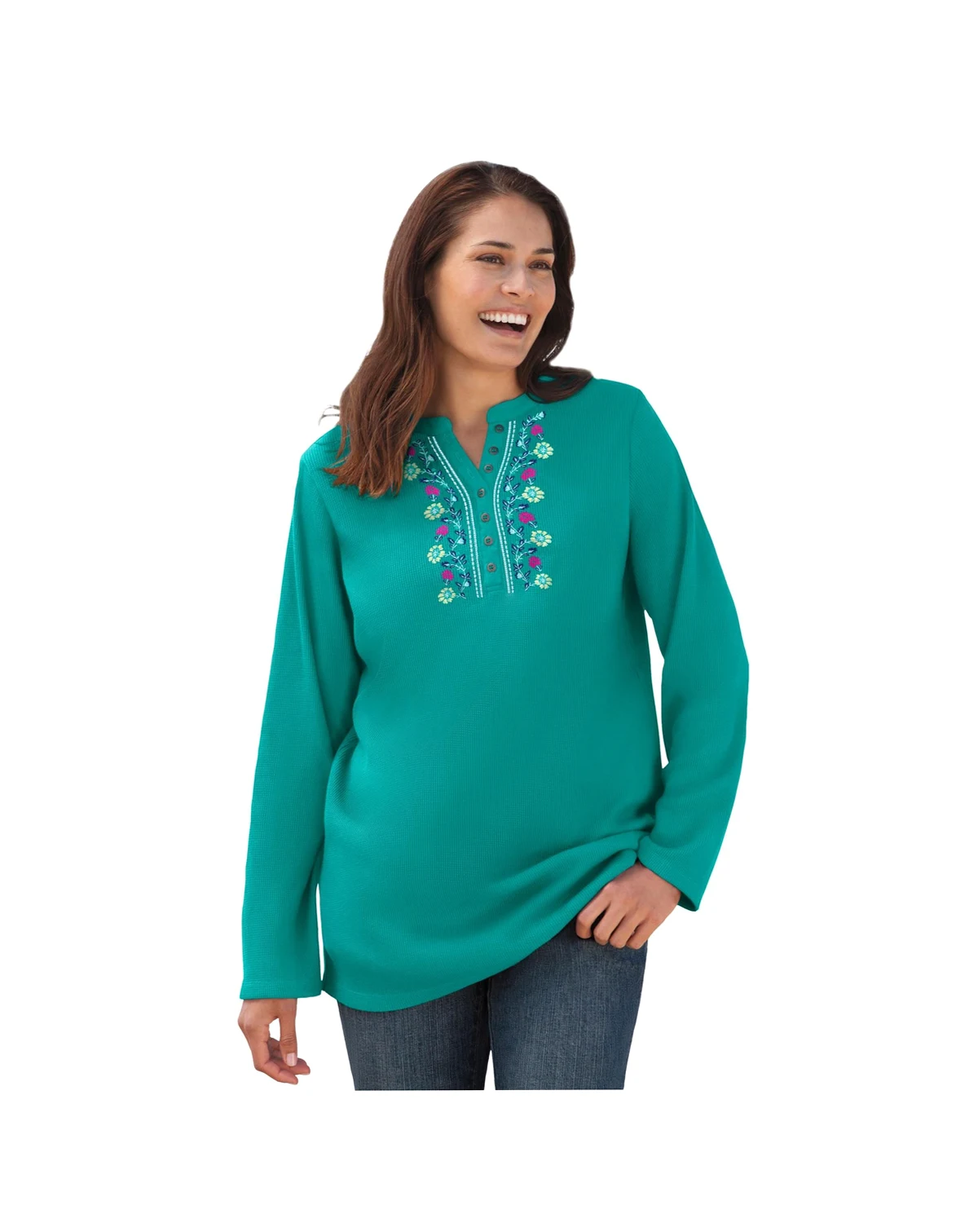 Women's Plus Size Embroidered Thermal Henley Tee