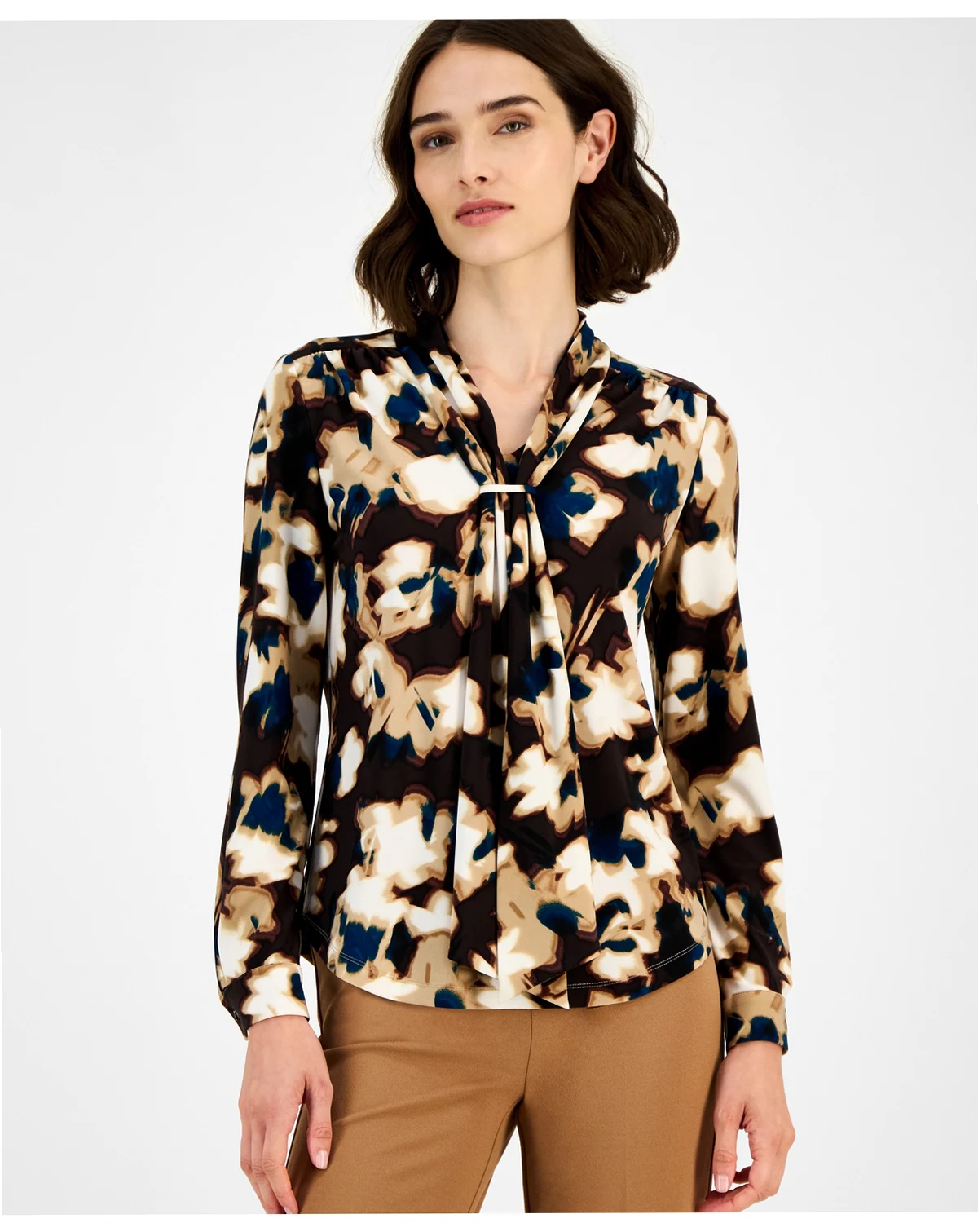 Women's Scarf-Neck Printed Blouse
