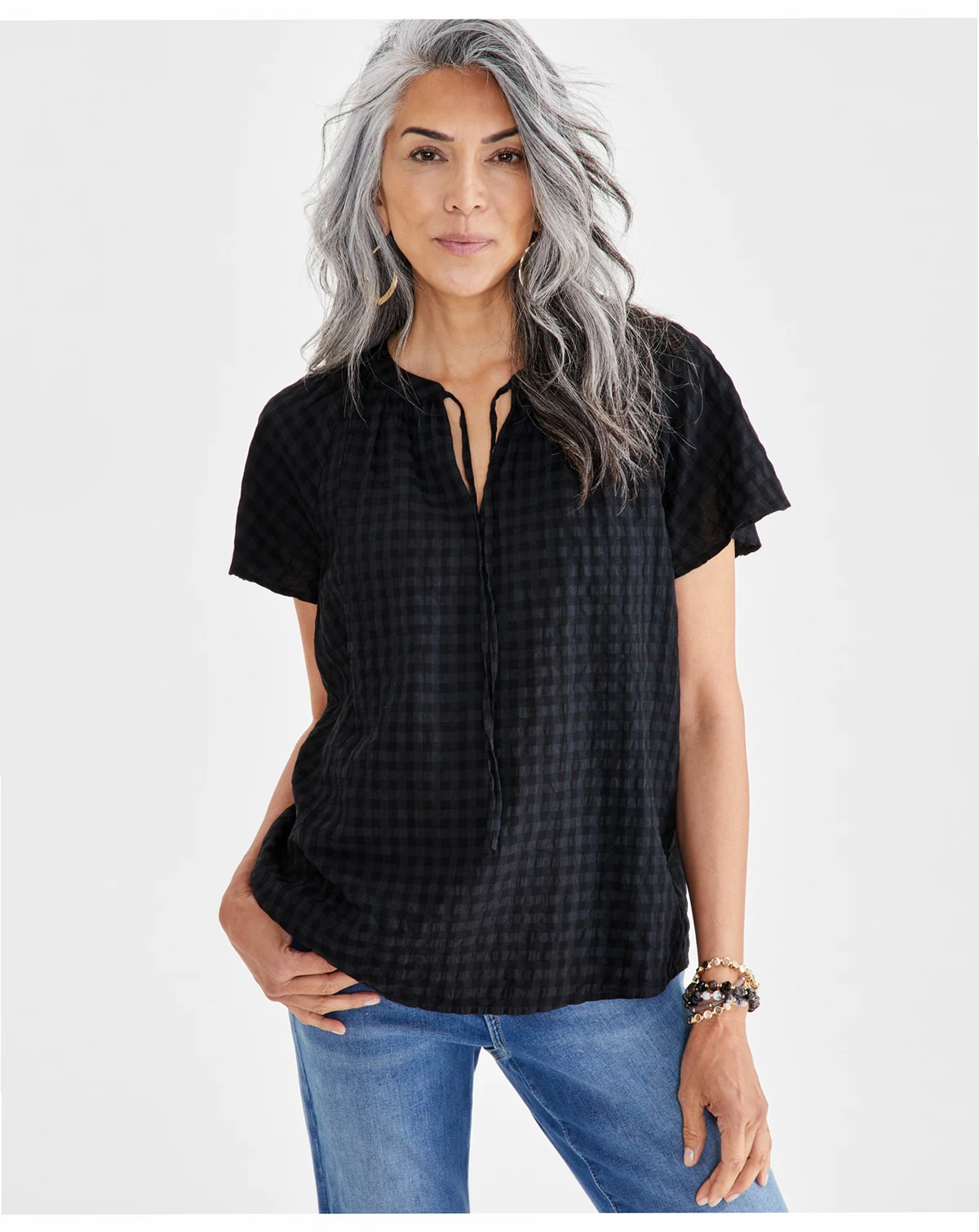 Women's Seersucker Split-Neck Flutter Sleeve Top, Created for Macy's