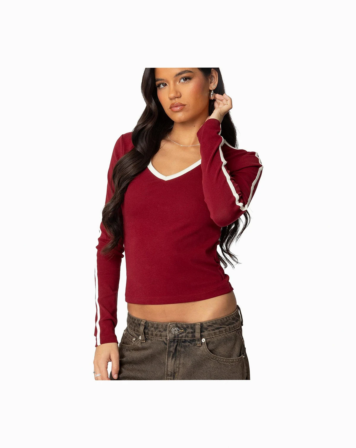 Womens Contrast V Neck Long Sleeve T Shirt