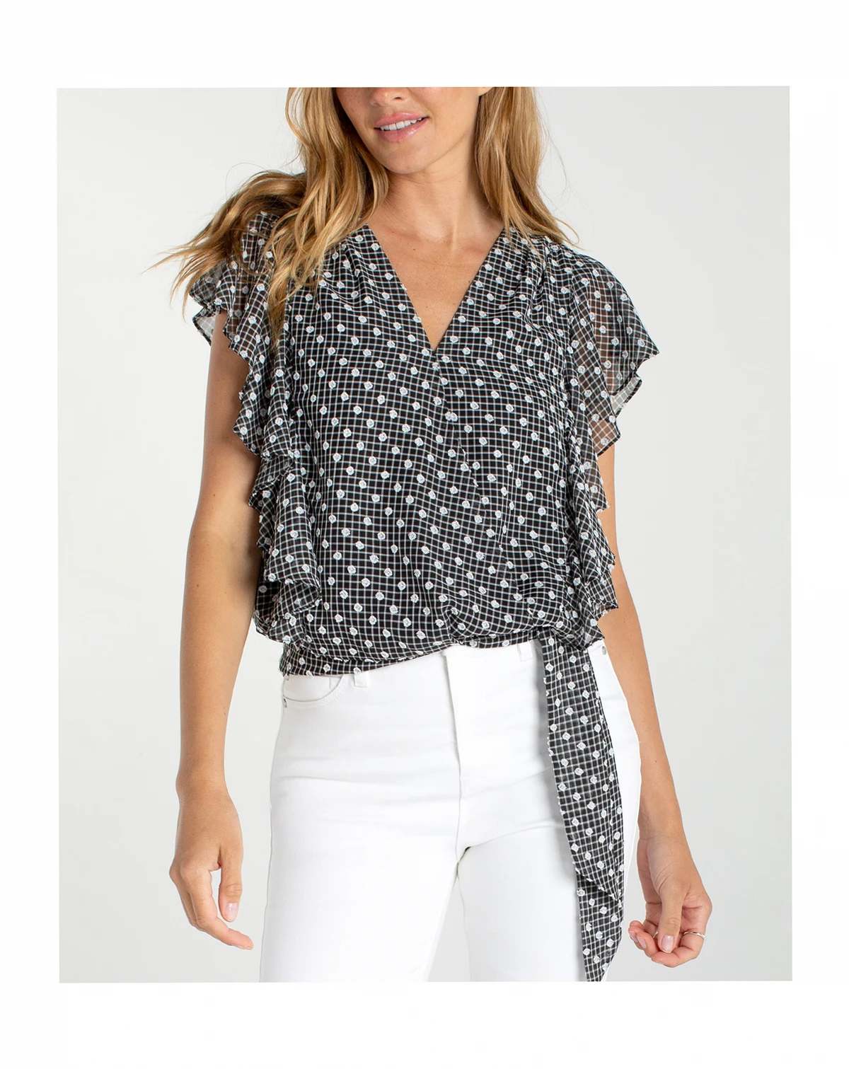 Women's Short Ruffle-Sleeve Drape Front Woven Blouse