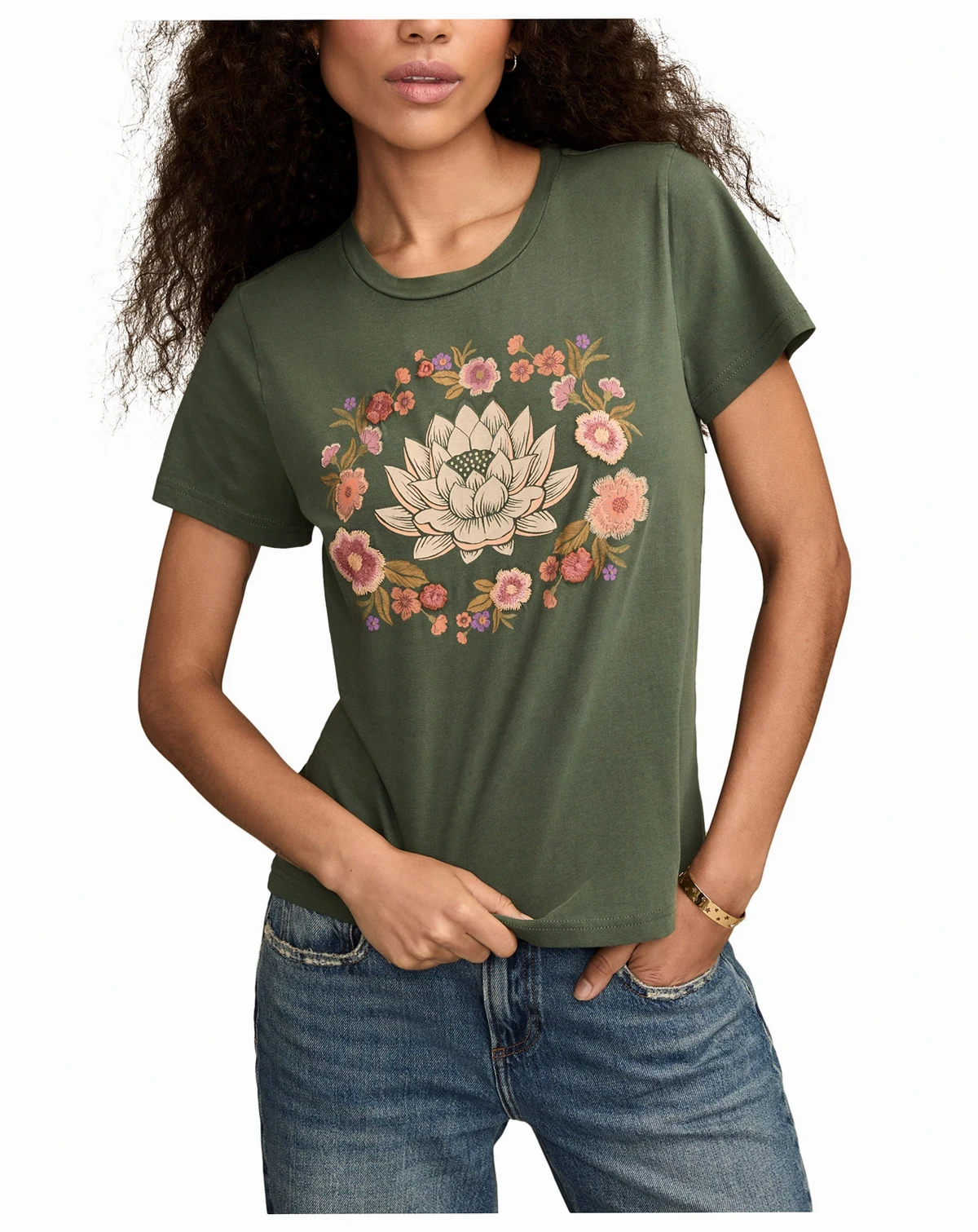 Women's Embroidery Lotus Classic Cotton T-Shirt