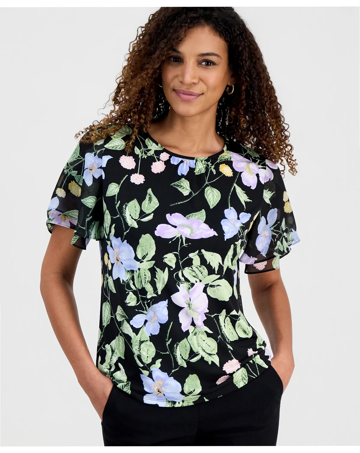 Women's Flutter-Sleeve Floral Top