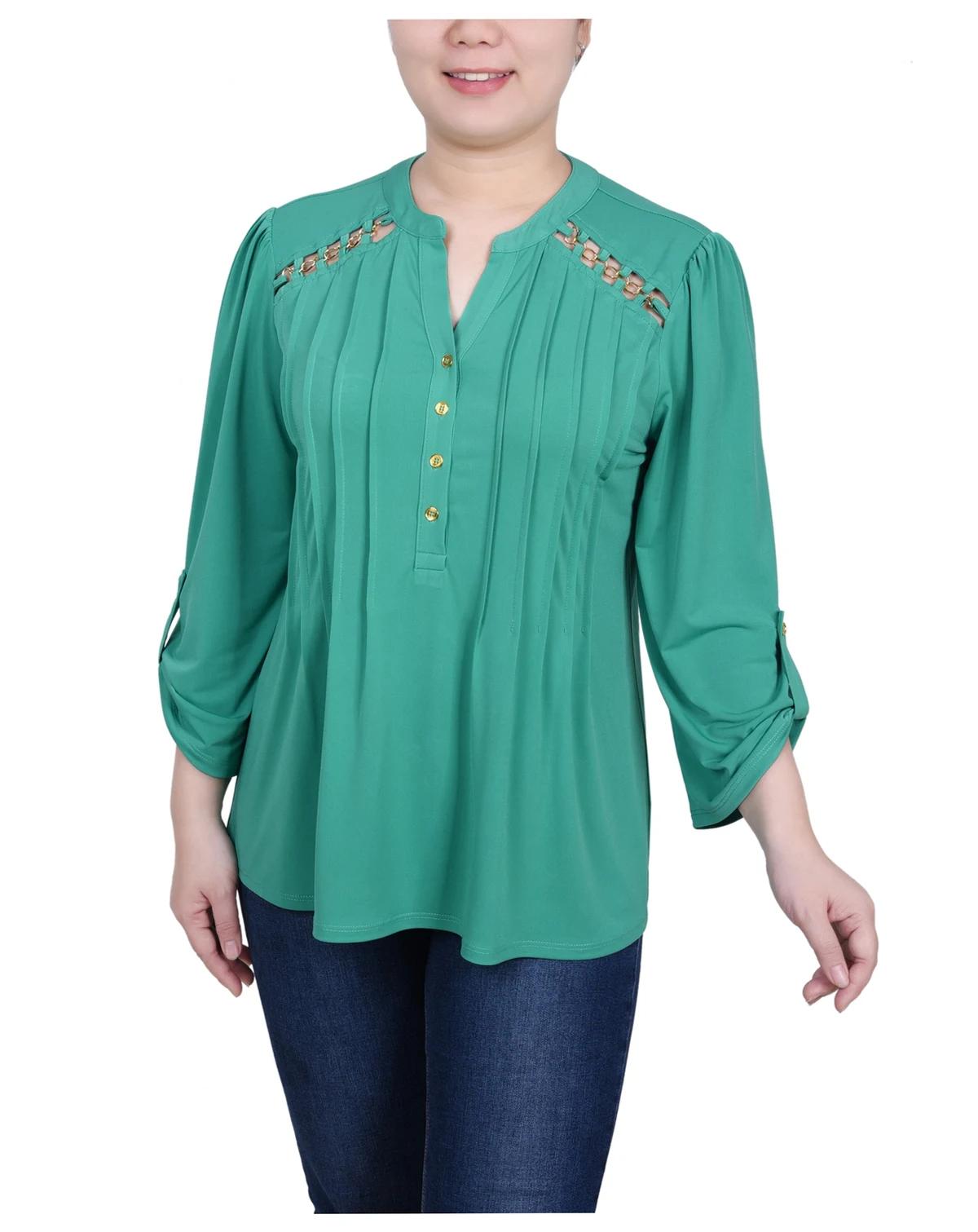 Women's Long Sleeve Pintuck Front Top with Chain Details