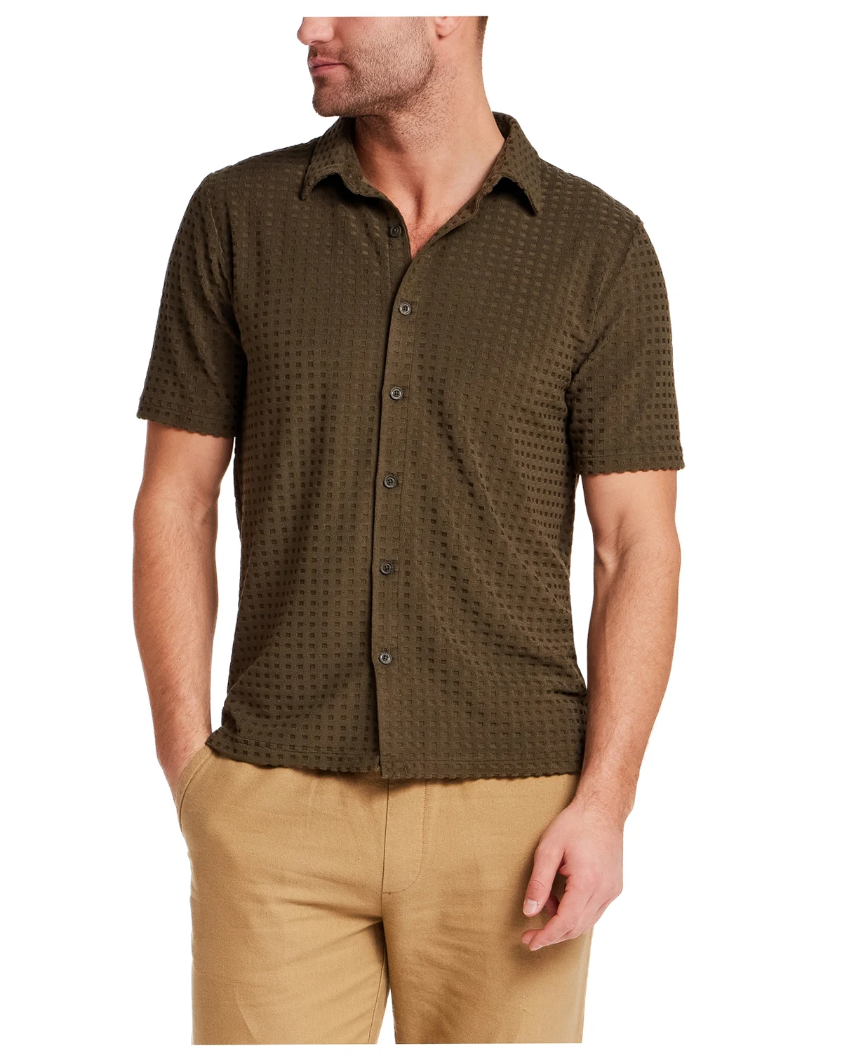 Men's Short-Sleeve Textured Grid Coatfront Knitmen's Shirt