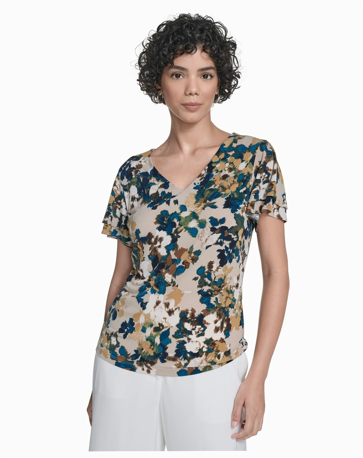 Women's Printed Flutter-Sleeve V-Neck Top
