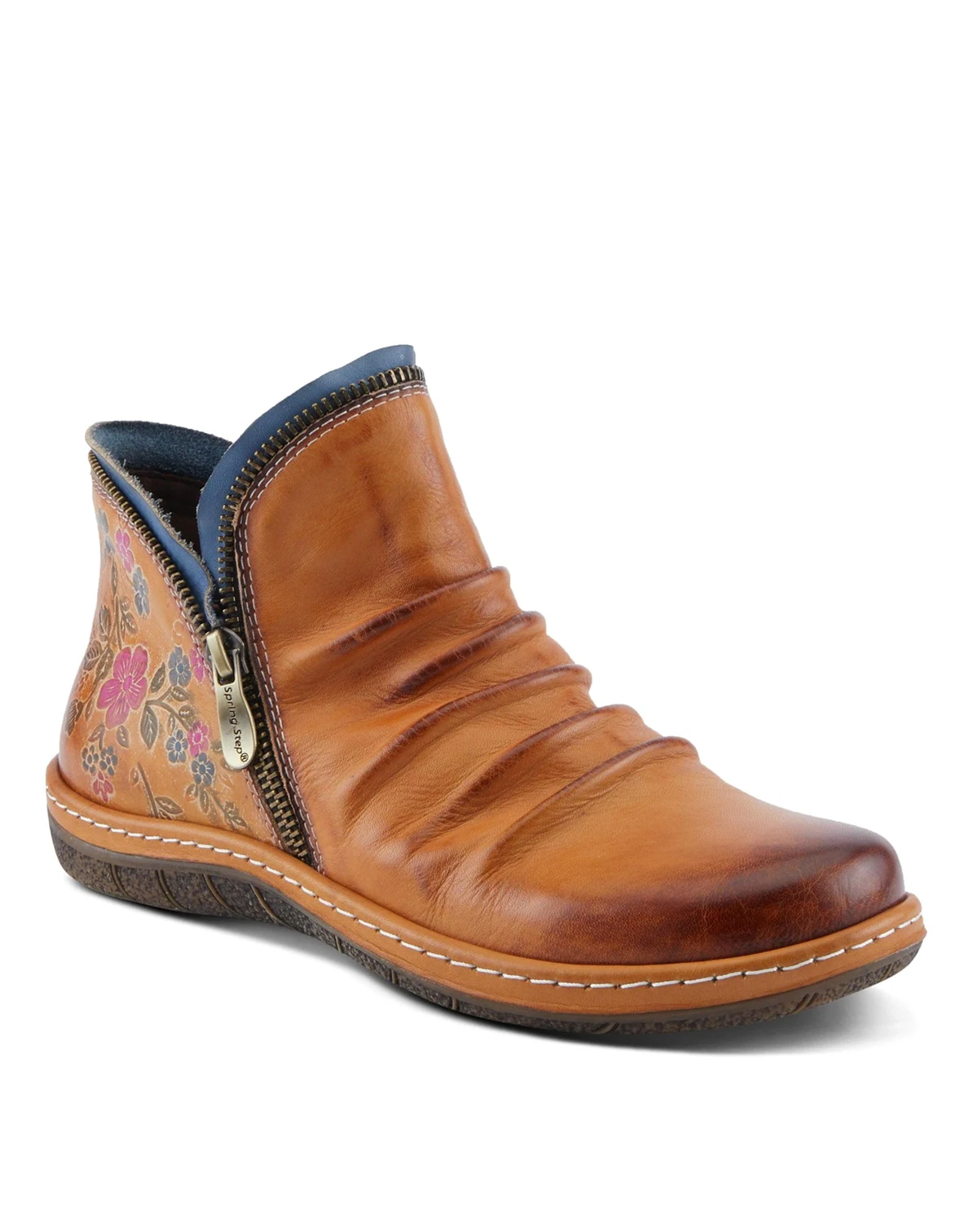 Women's Chesapeake Hand-Painted Leather Booties with Ruched Front, Inside Zipper, Floral Details – Comfortable Boho-Inspired Ankle Boots