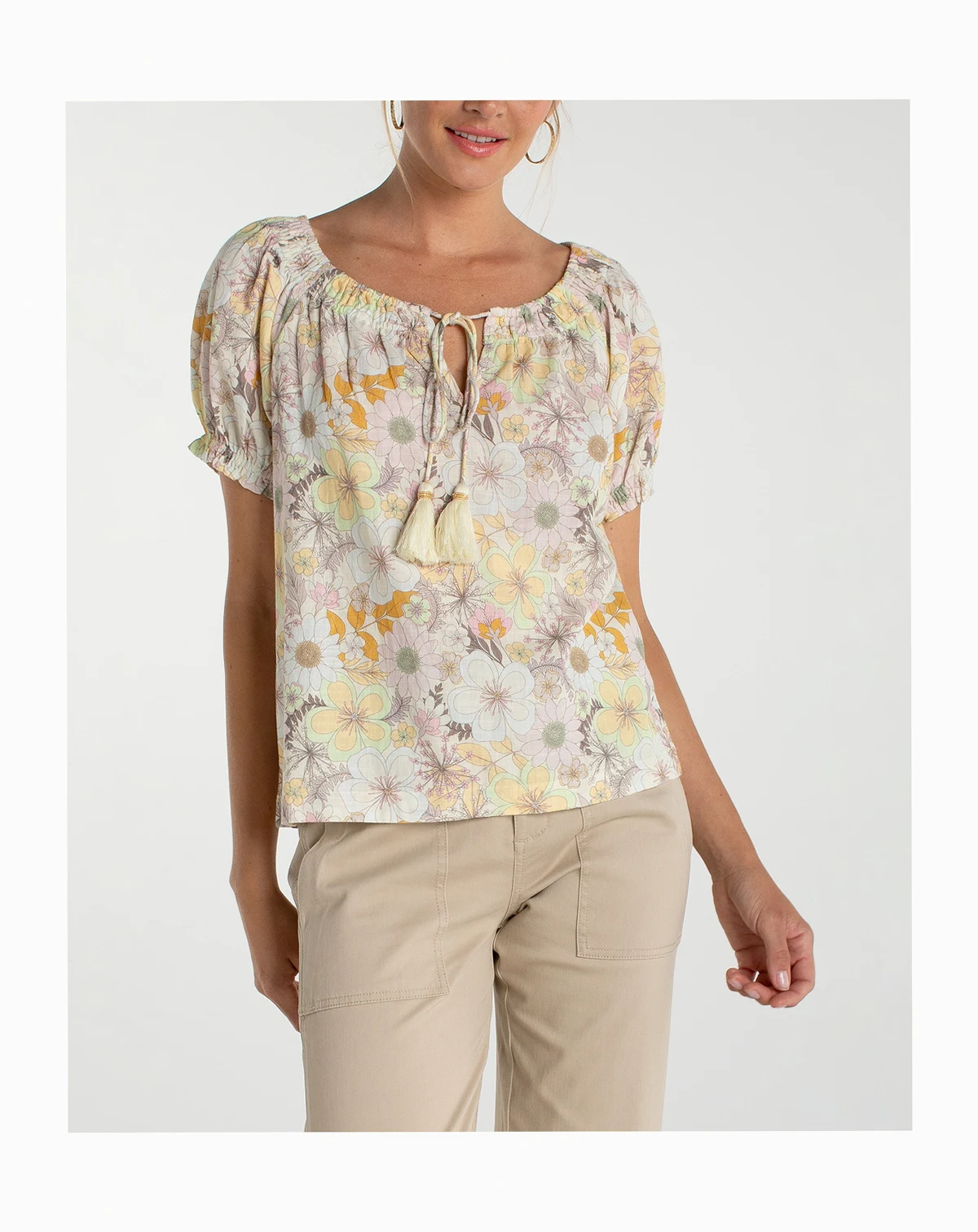 Women's Short-Sleeve Tie Neck Woven Blouse