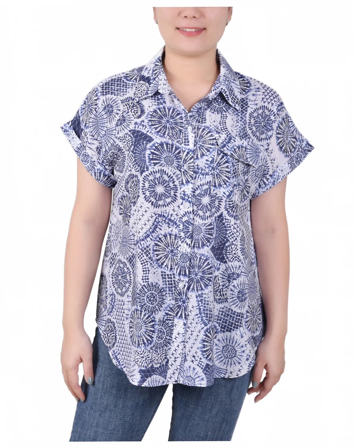 Women's Short Rolled Sleeve Button Front Blouse