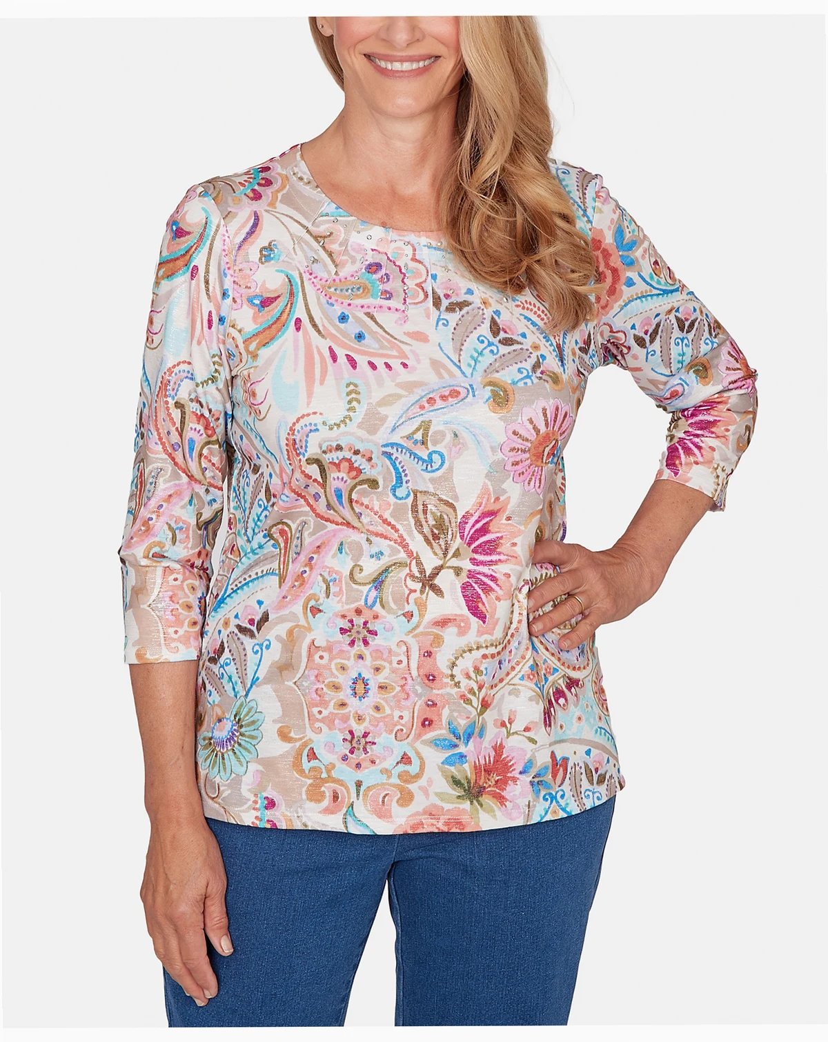 Women's Classic Paisley Floral Pleated Neck Top