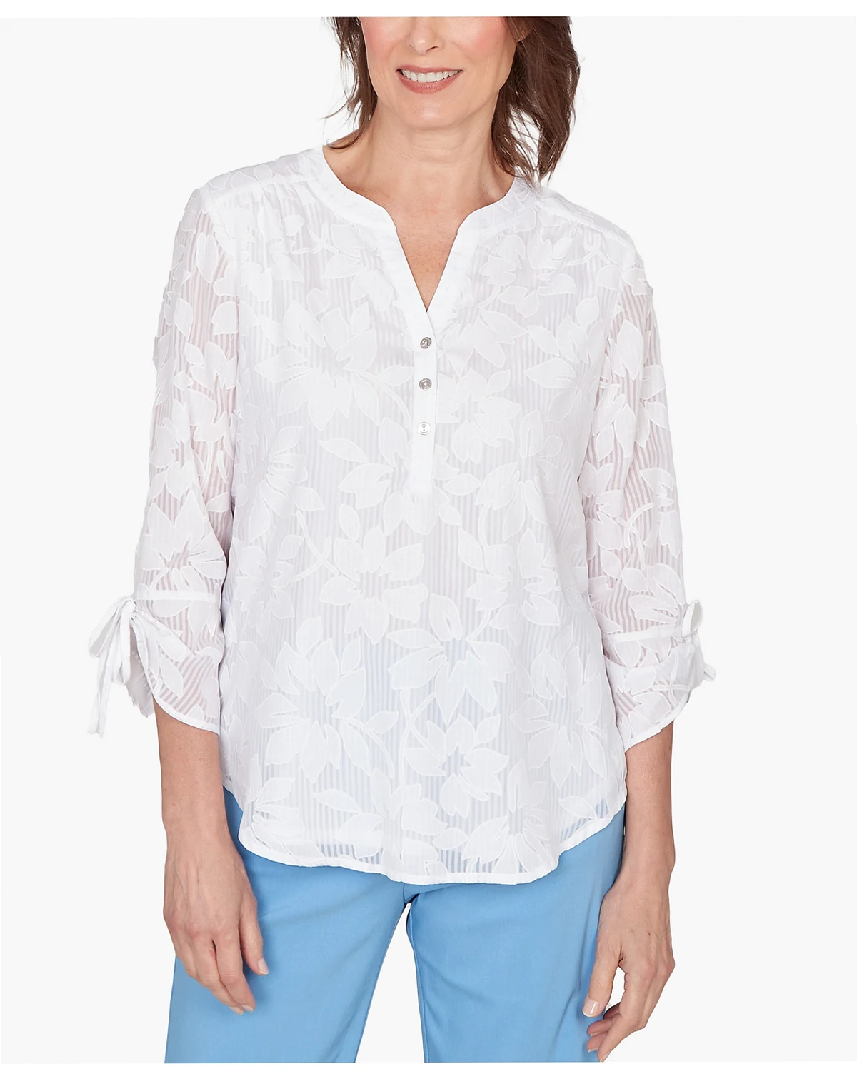 Women's St. Augustine Floral Jacquard Tie Sleeve Henley Top