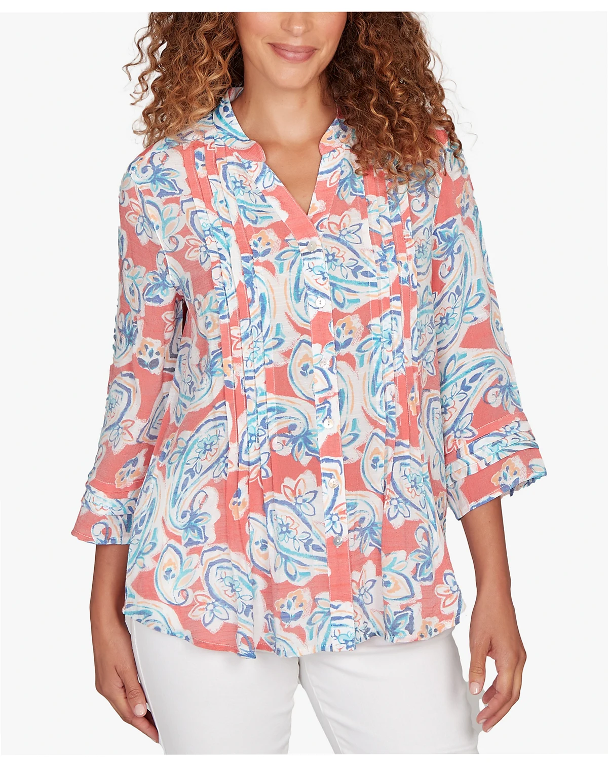 Petite Paisley Silky Gauze Button Front Top