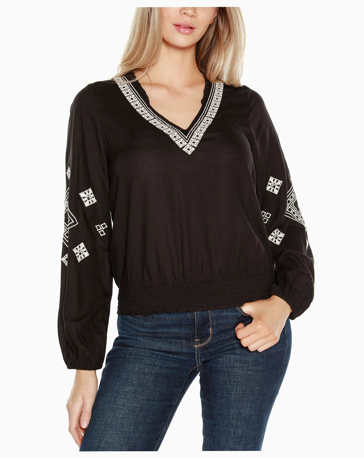 Black Label Women’s Embroidered Blouson Sleeve V-Neck Blouse Top