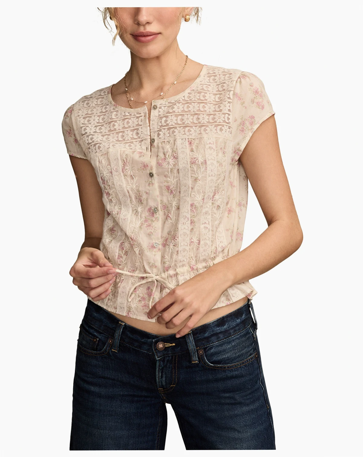Women's Round-Neck Button-Front Tie Cotton Top