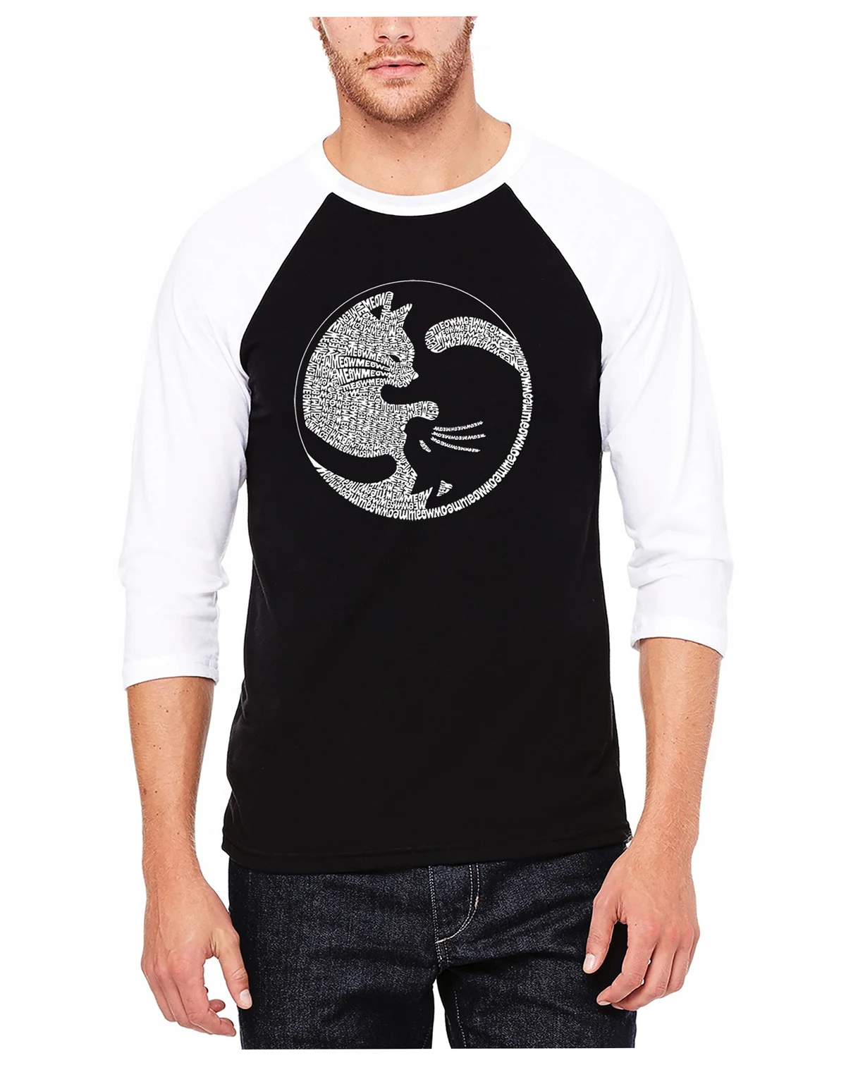 Men's Raglan Sleeves Yin Yang Cat Baseball Word Art T-shirt