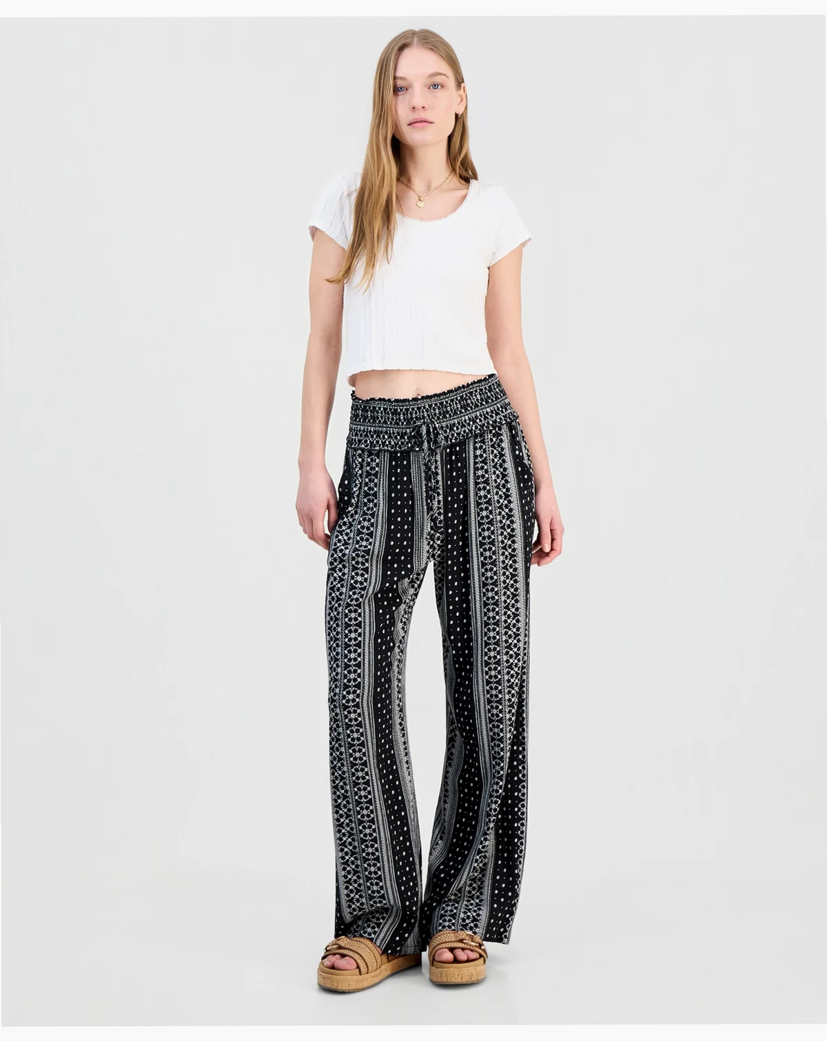 Juniors' Printed Smocked-Waist Wide-Leg Pants
