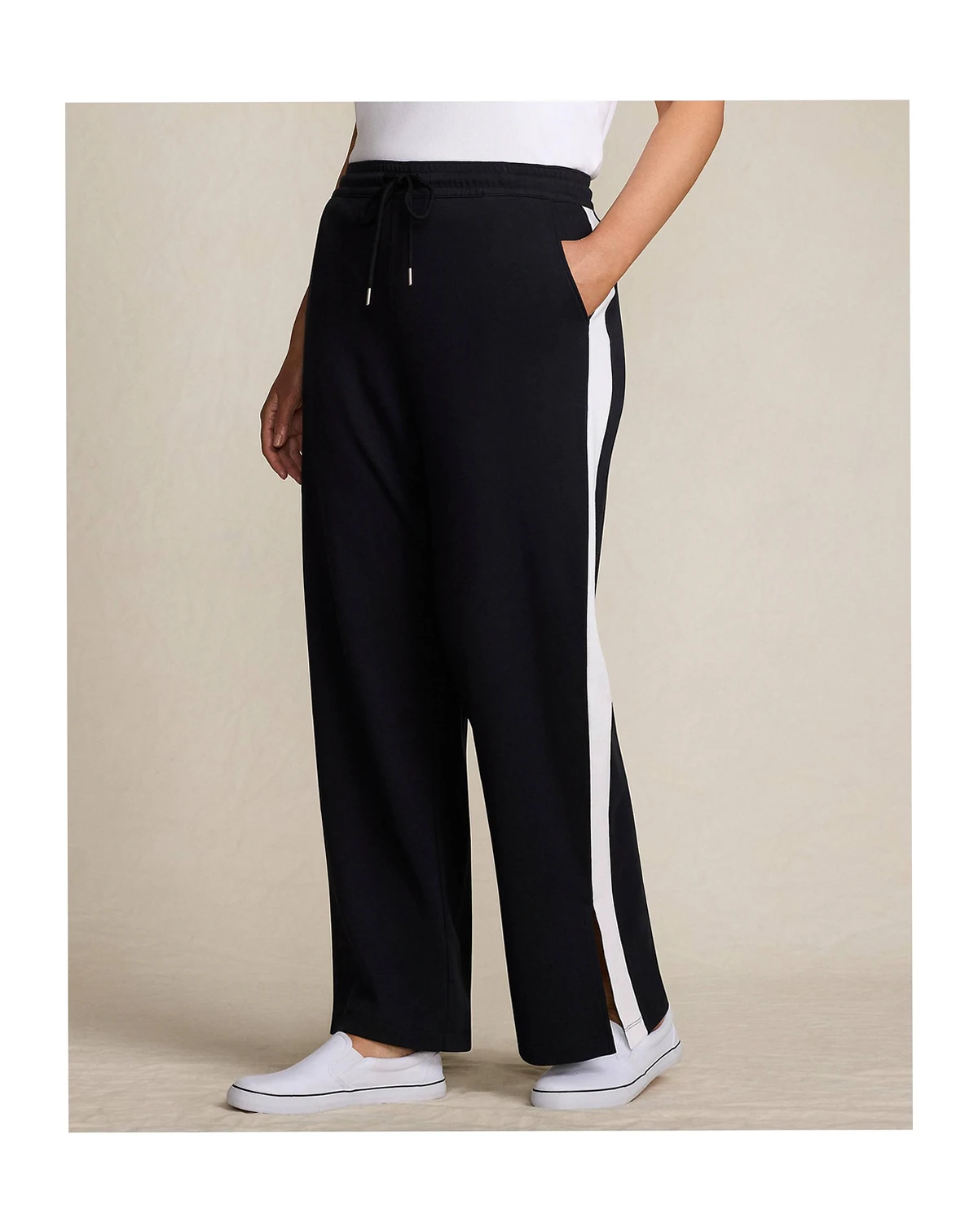 Women's Plus Size Sport Knit High Rise Relaxed Straight Leg Side Stripe Pants