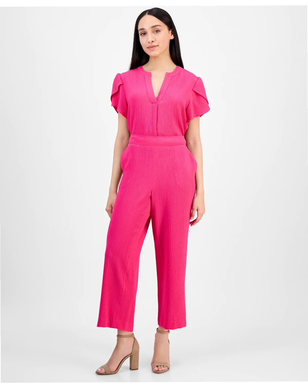 AK Anne Klein Petite Textured Pull-On Mid-Rise Wide-Leg Pants