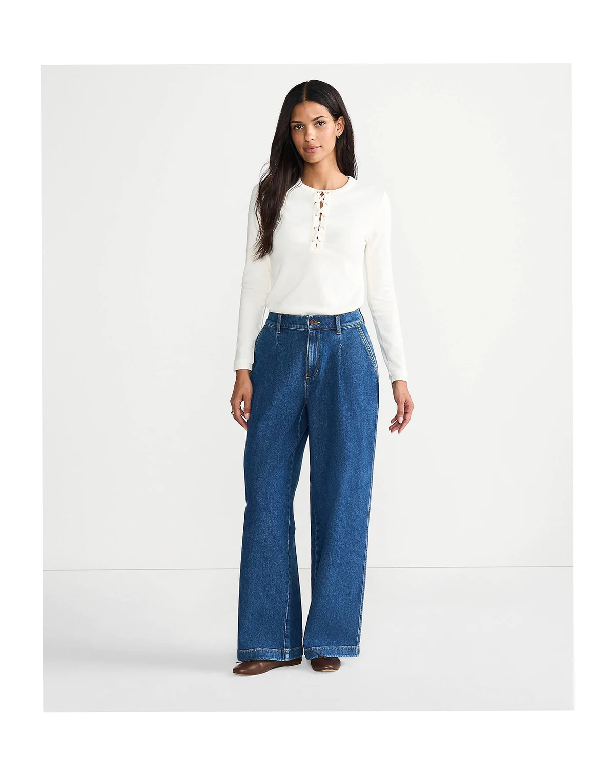 Women's High Rise Soft Denim Pleated Wide Leg Trousers