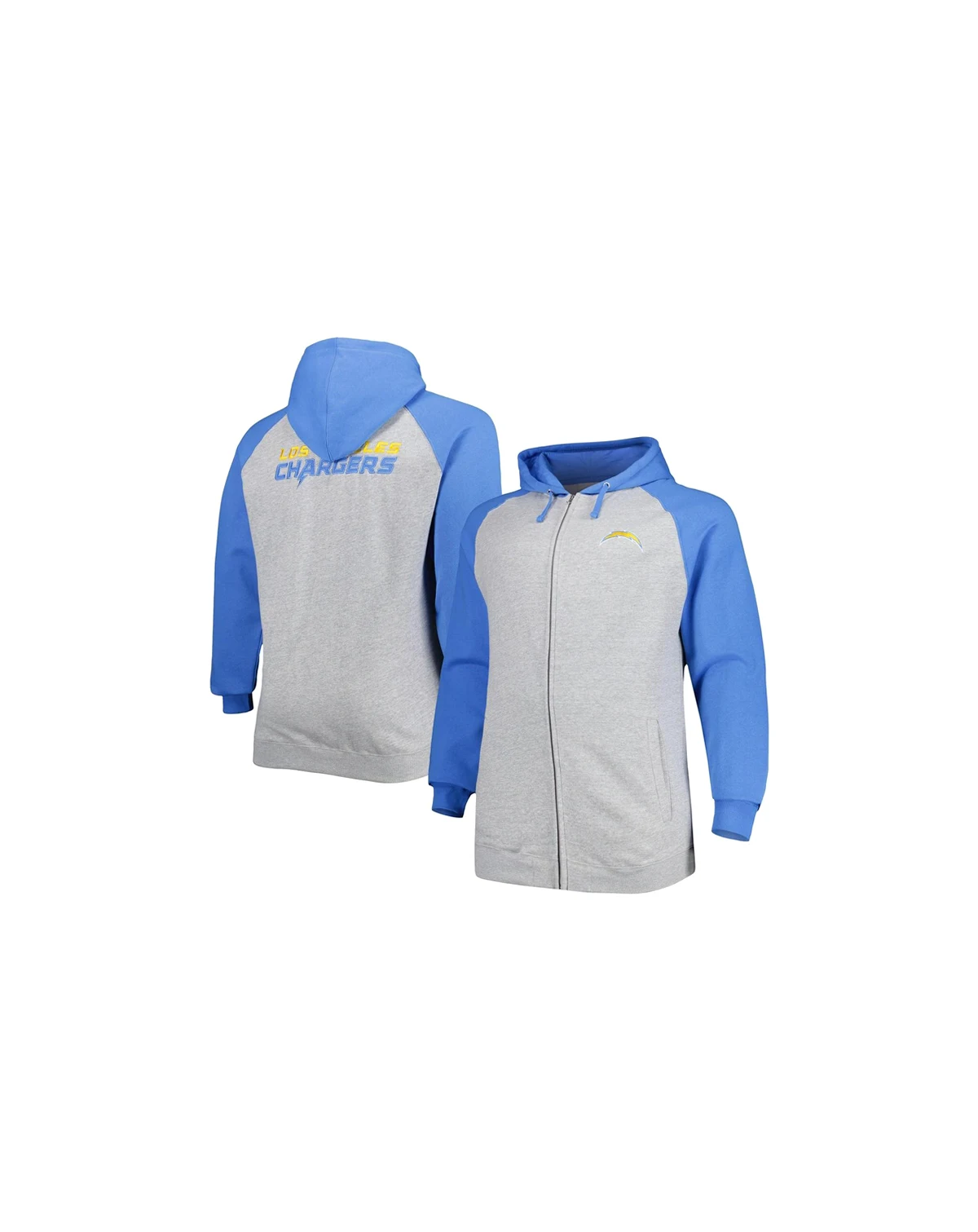 Men's Fanatics Branded Heather Gray Los Angeles Chargers Big and Tall Fleece Raglan Full-Zip Hoodie Jacket