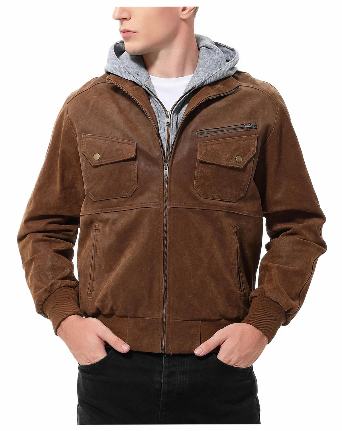Men Civic Distressed Leather Bomber Jacket - Tall