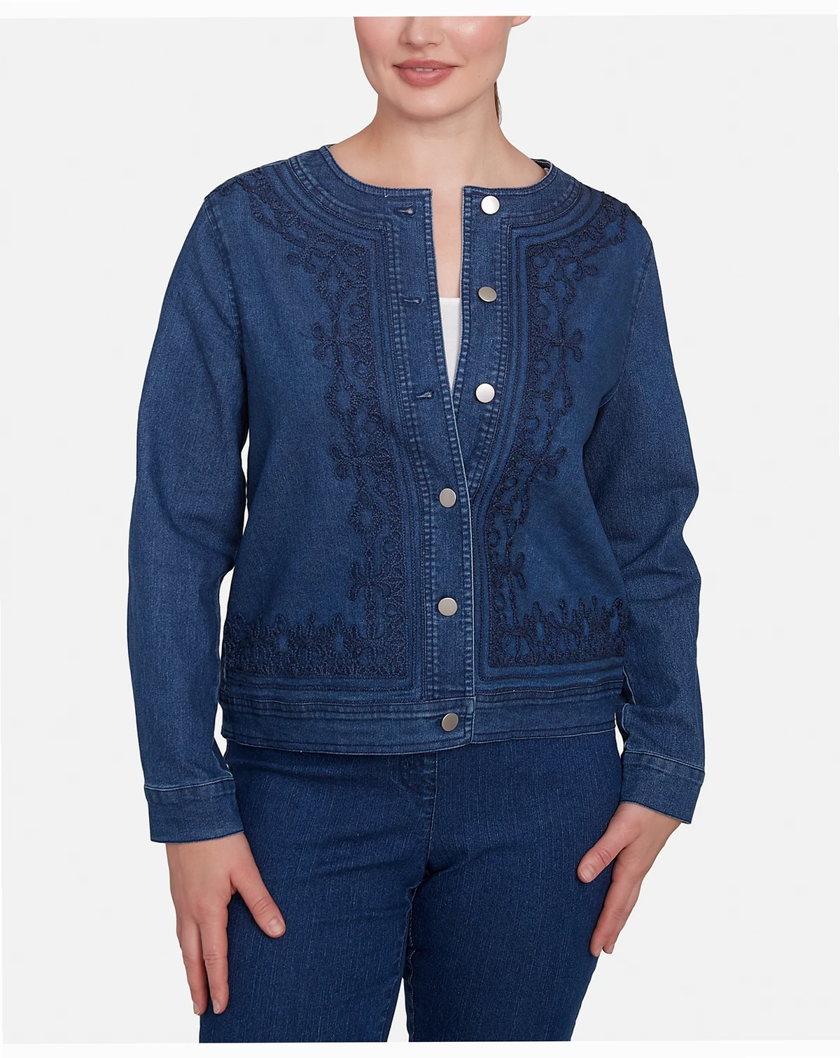 Petite Dark Stretch Denim Embroidered Jacket