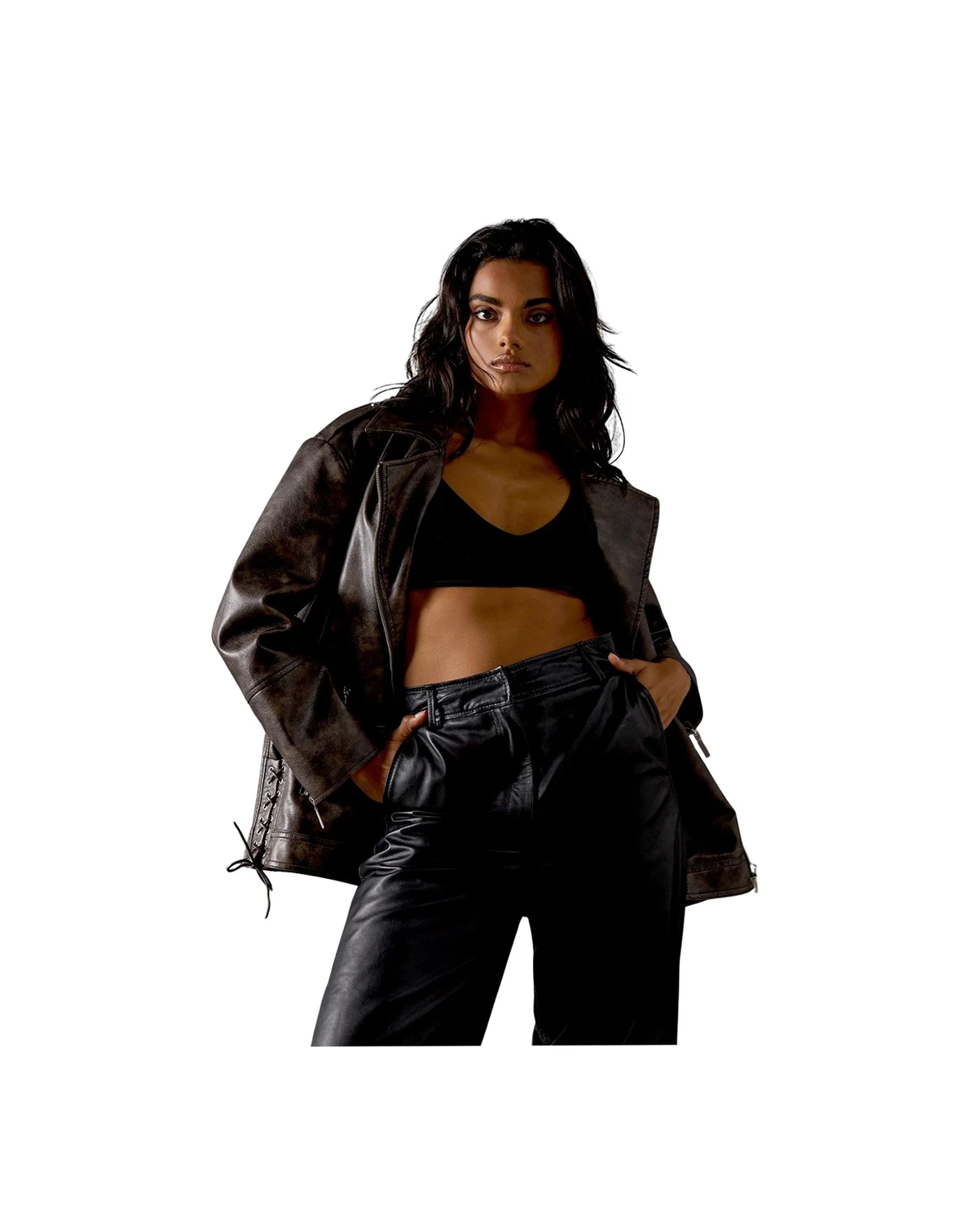 Women's Oversized Whipstitch Leather Look Jacket