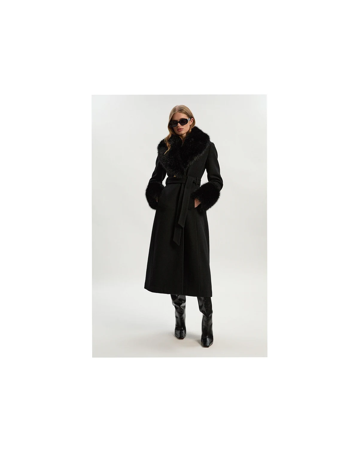 Women's Wool Detachable Fur Belted Midi Coat