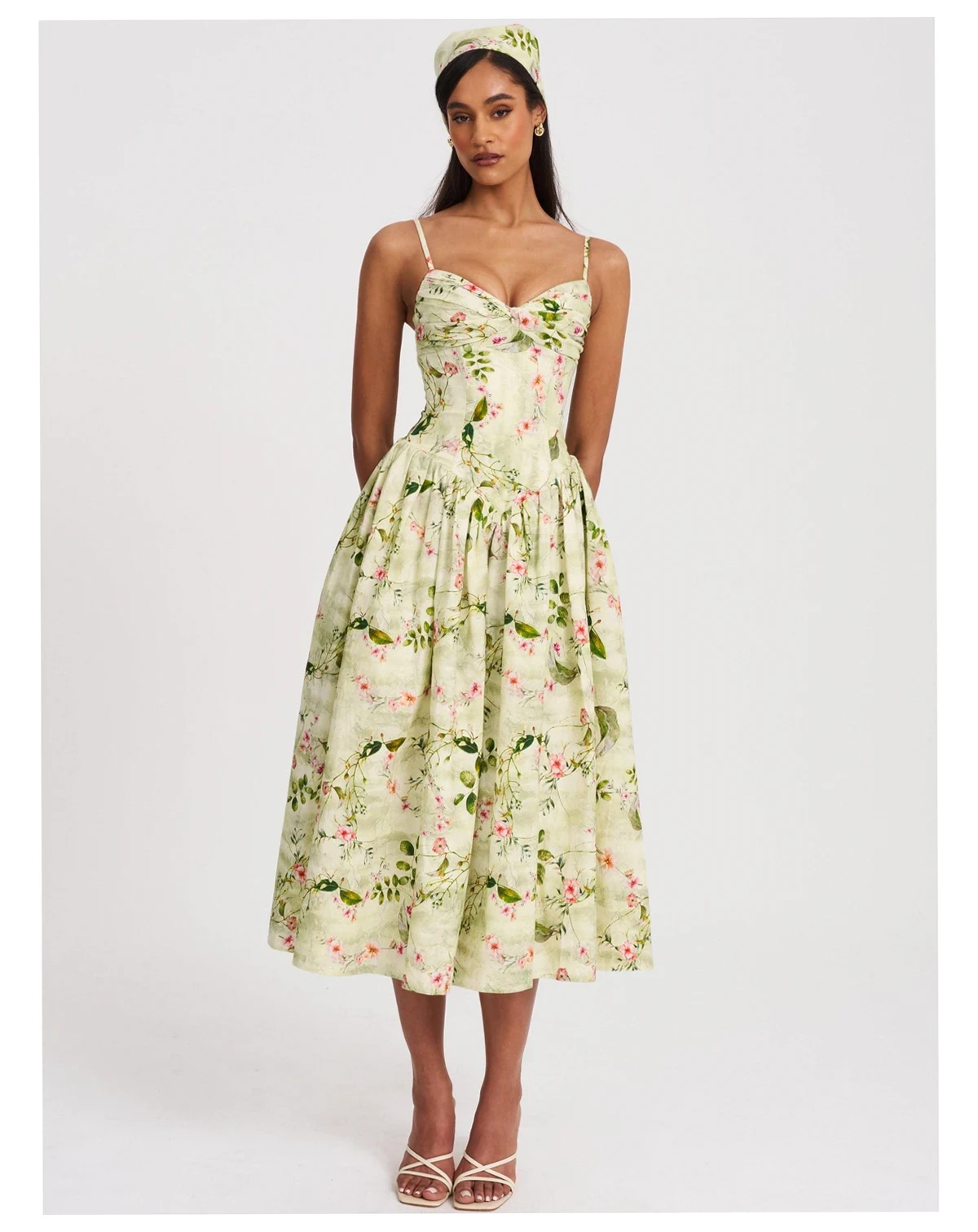 Women's Jacinda Green Floral Print Ruched Breast Linen Midi Dress