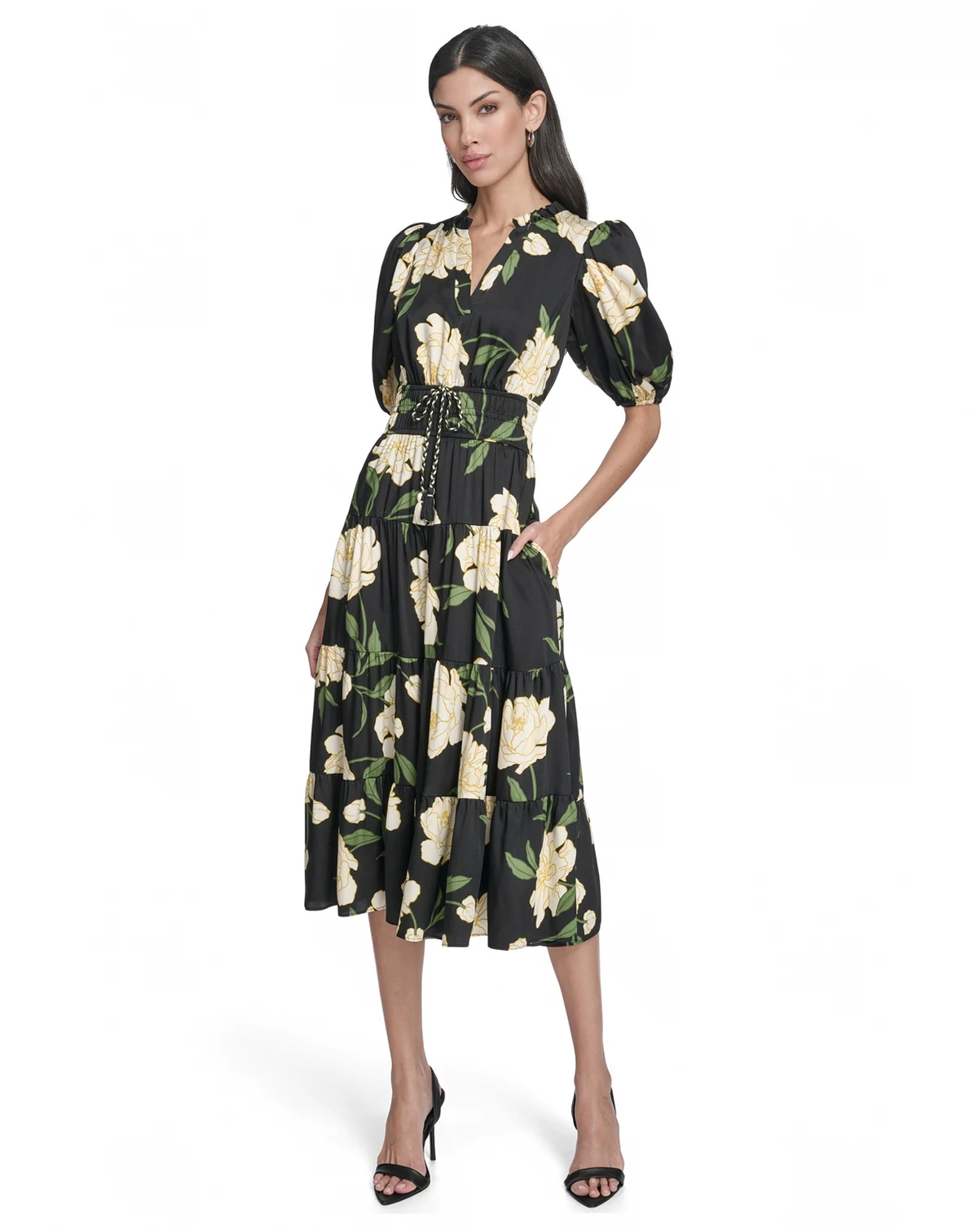 Women's Printed Puff-Sleeve Midi Dress