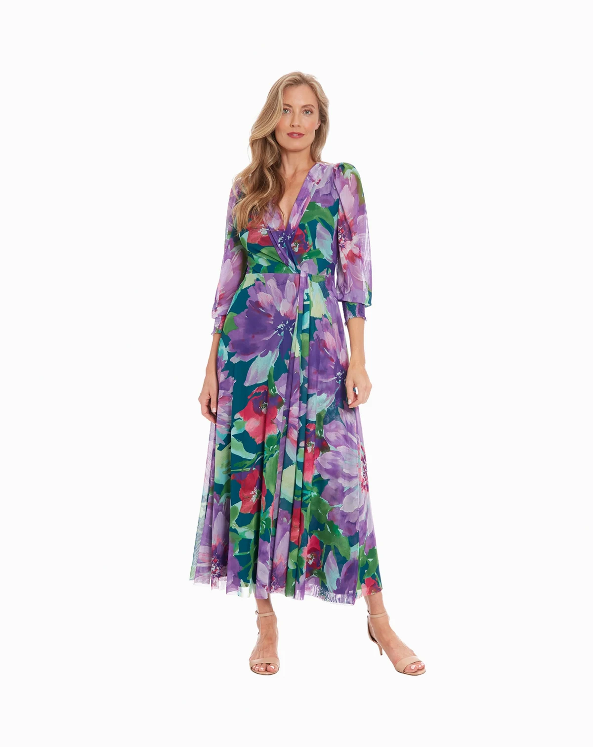 Women's Shirred Surplice Twist Bishop-Sleeve Maxi Dress