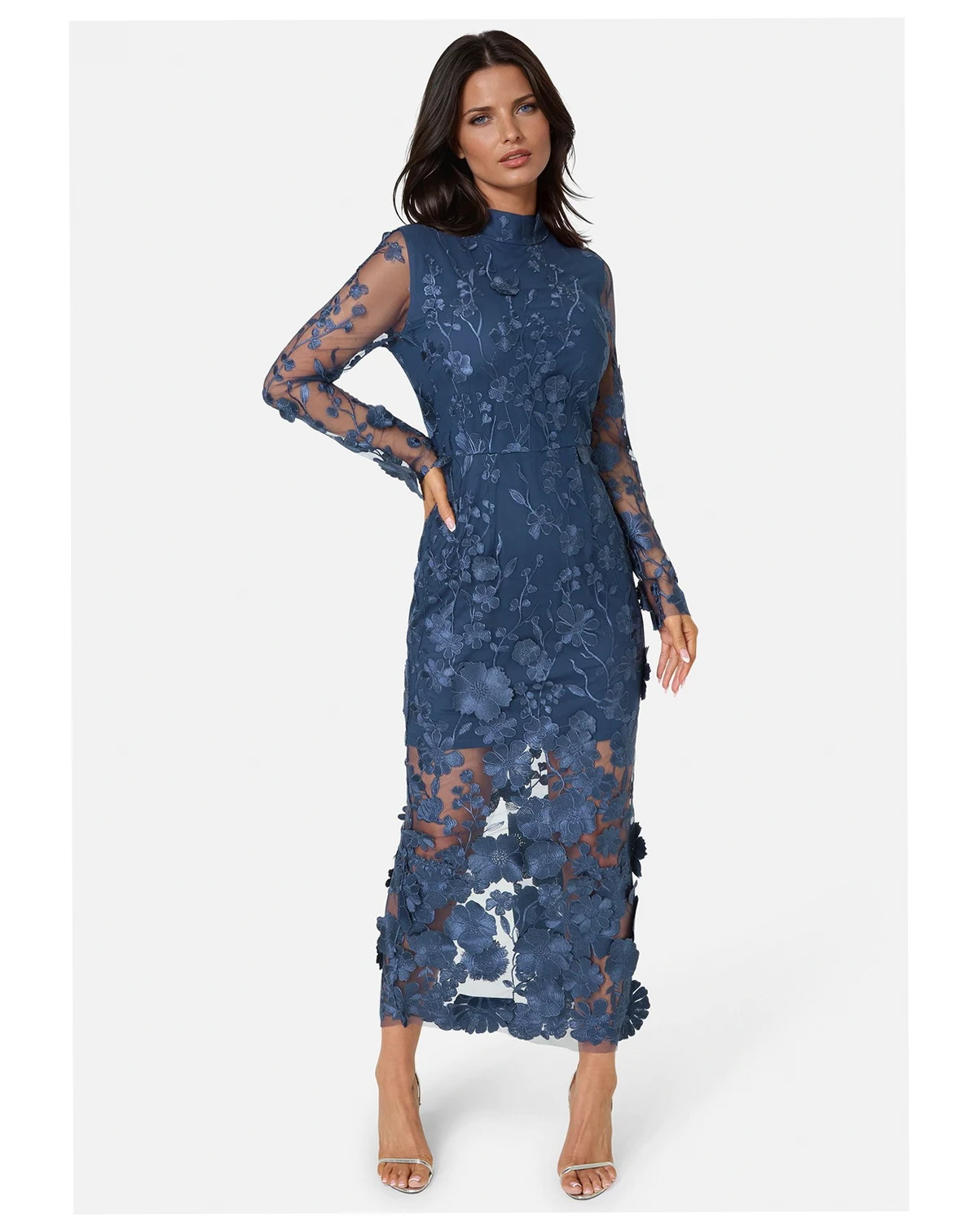 Women's 3D Floral Mock Neck Midi Dress