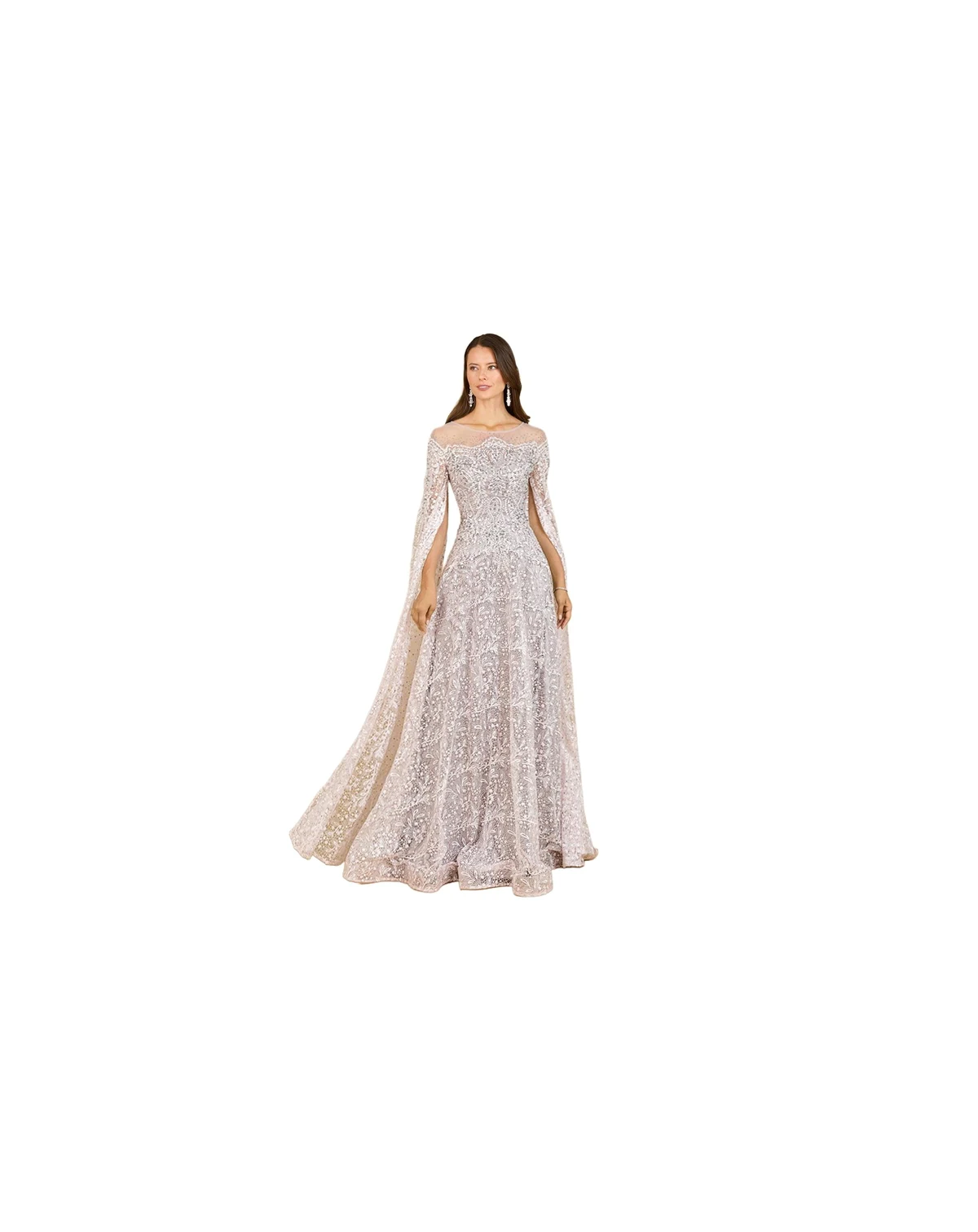 Women's Lace Gown with Dramatic Cape Sleeves