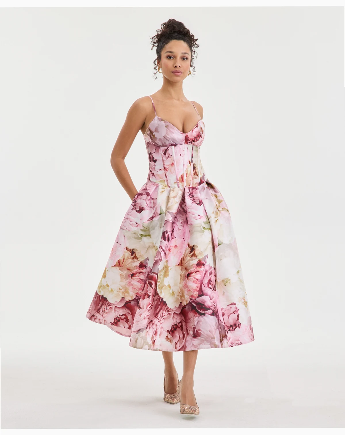 Juniors' Floral Print Corset Sleeveless Midi Dress