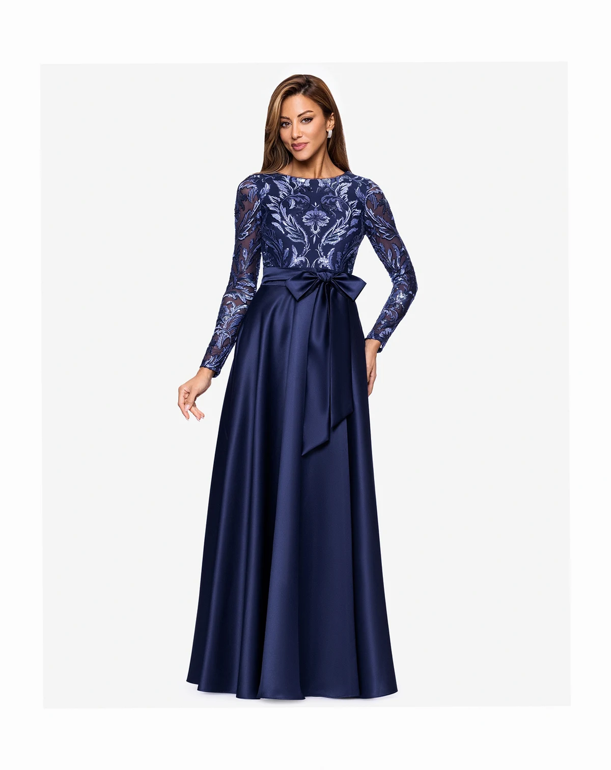 Women's Boat Neck Sequin Mesh Long Ball Gown