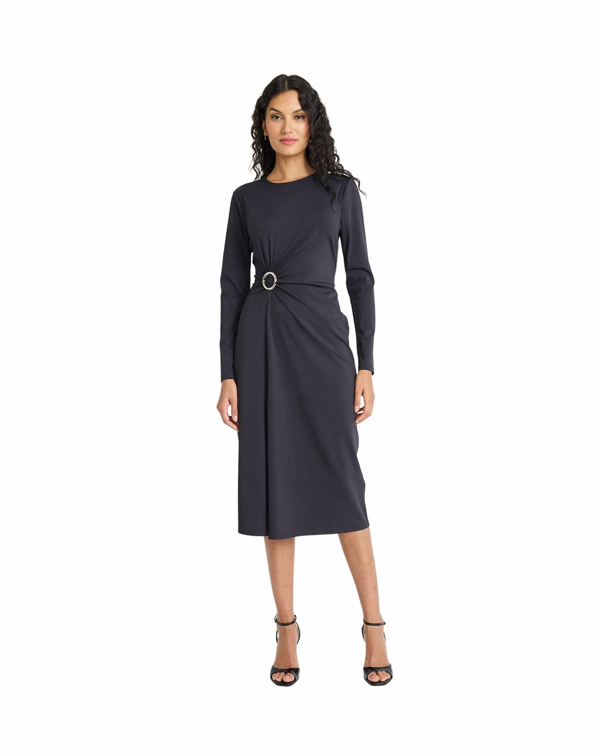 Women's Ring Detailed Long-Sleeve Midi Dress